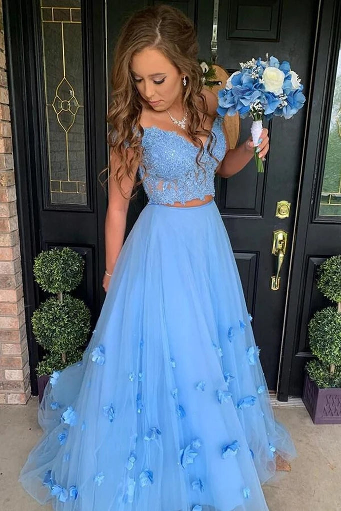 Light Blue 2 Piece Prom Dresses Off the Shoulder Long Evening Gowns with Floral Details - Perfect for Homecoming, Formal Events & Special Occasions