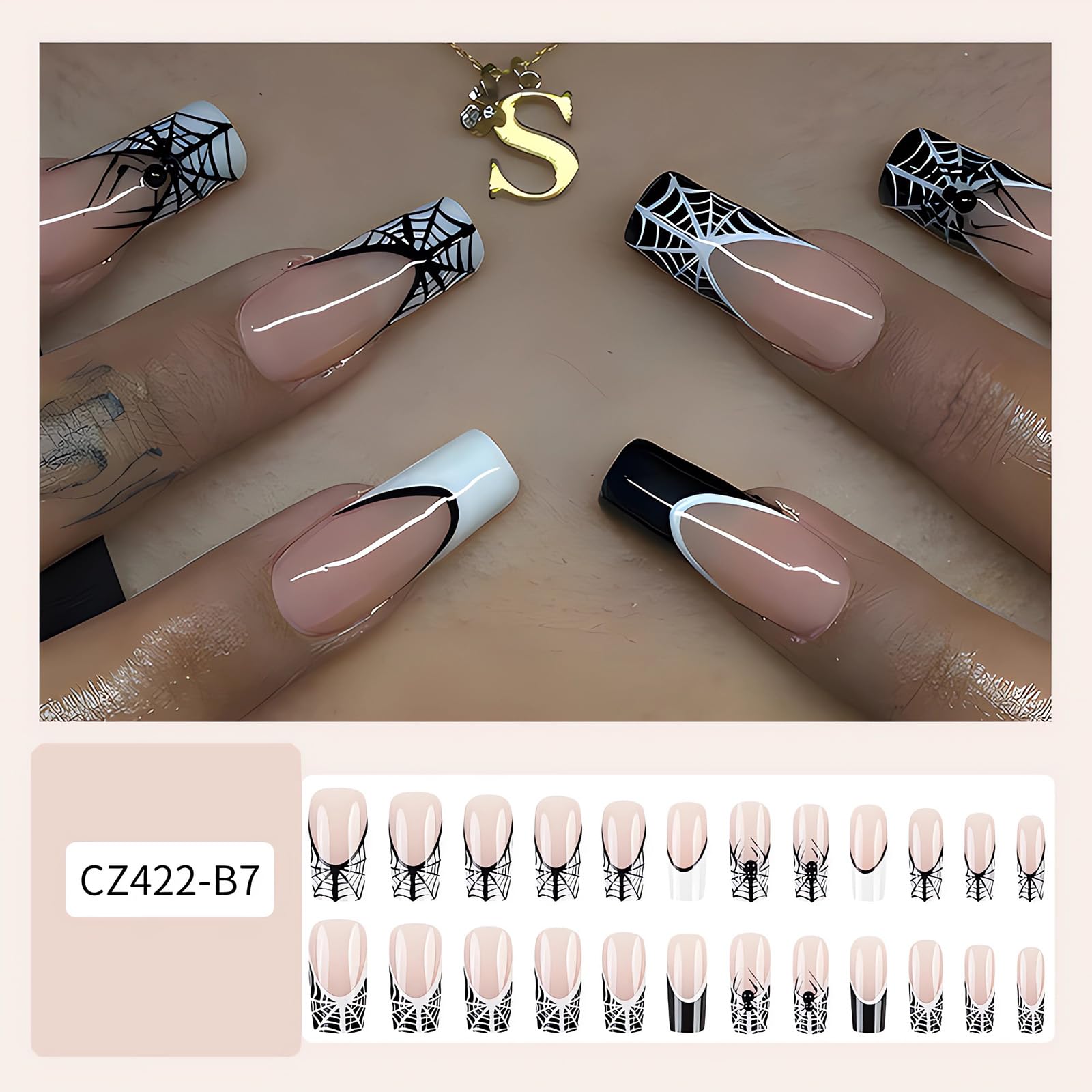 24 Pcs Halloween Spider Web Press On Nails - Long Square Fake Nails with Black & White French Tips - Full Cover Acrylic Nails for Women & Girls - Manicure Decorations for Costume Parties & Spooky Nail Art