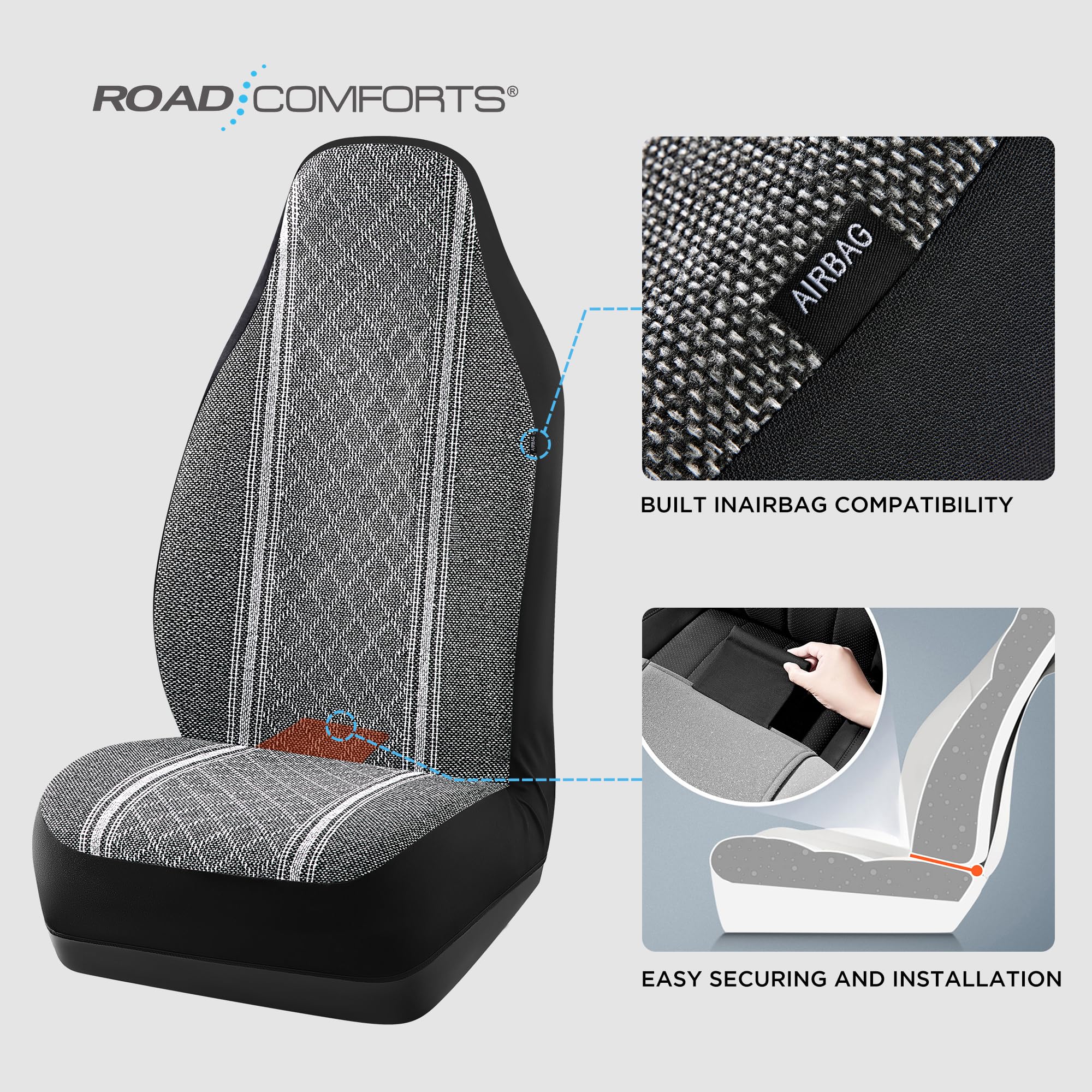 Premium Jacquard Baja Blanket Seat Covers - Gray Diamond High Back Bucket Style | Airbag Compatible & Universal Fit for Cars, Trucks, SUVs, Vans | Road Trip & Outdoor Adventure Comfort