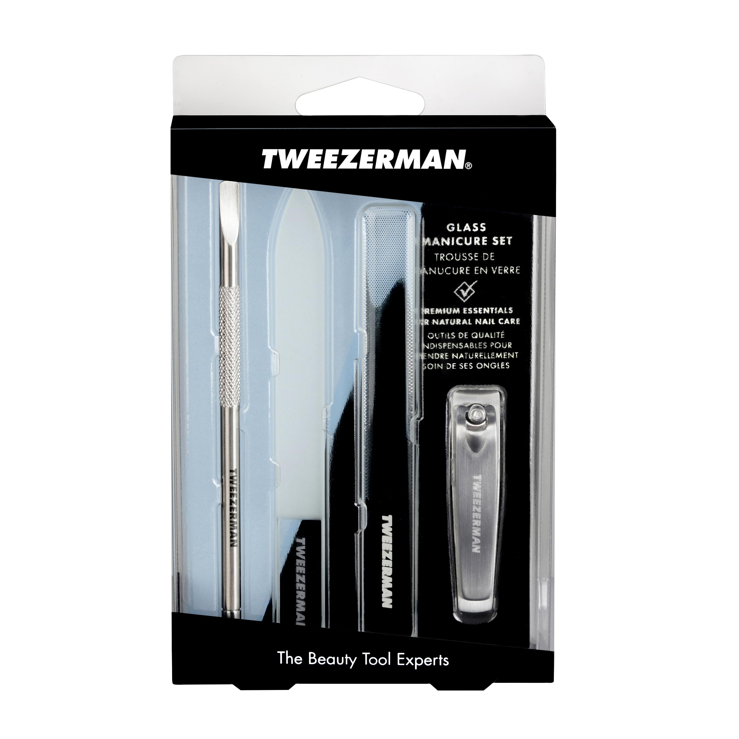 Tweezerman Premium Glass Manicure Set - Nail Clipper, Cuticle Pusher, Glass Nail File & Buffer | Professional Nail Care Kit for At-Home & Salon Use