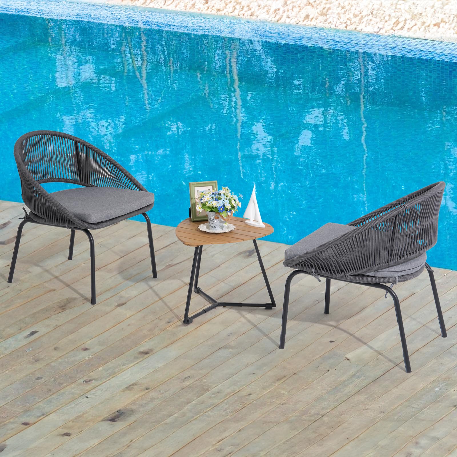 Yangming 3-Piece Outdoor Patio Furniture Set - Woven Rope Bistro Chairs with Wood Coffee Table for Garden, Backyard, Deck, Poolside & Balcony - Perfect for Relaxing, Entertaining & Outdoor Dining