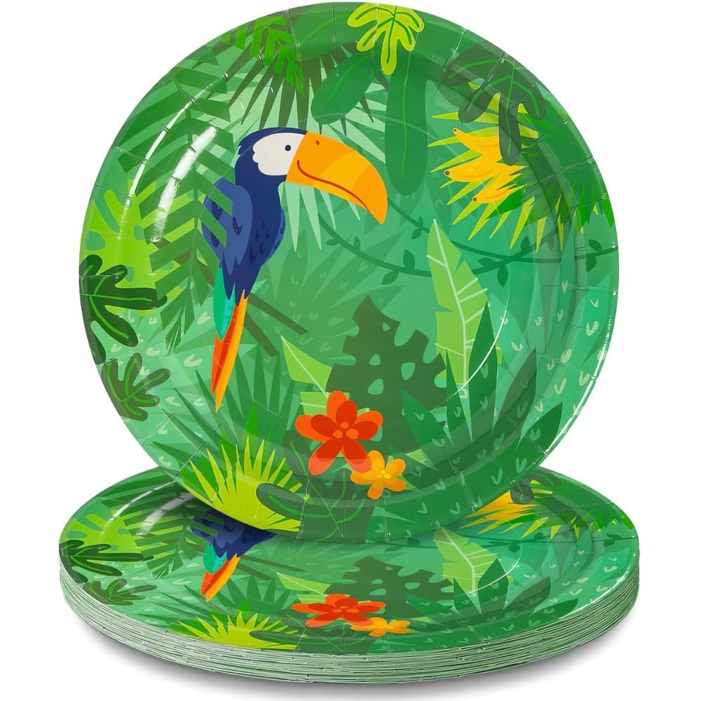 Fun Express Toucan Jungle Tropical Party Paper Dinner Plates - 8 Pack Leaf Themed Disposable Tableware for Birthday, Wedding, Baby Shower & Holiday Celebrations - Perfect for Desserts, Snacks & Outdoor Events