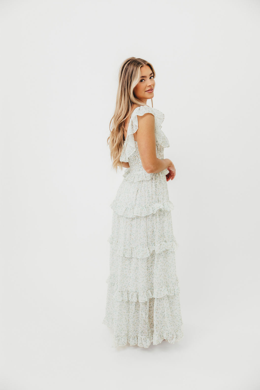 Astrid Ruffle Detail Maxi Dress in Sage Floral - Bump Friendly Maternity Dress for Pregnancy, Nursing & Special Occasions | Flowy Summer Dress for Beach, Wedding & Vacation