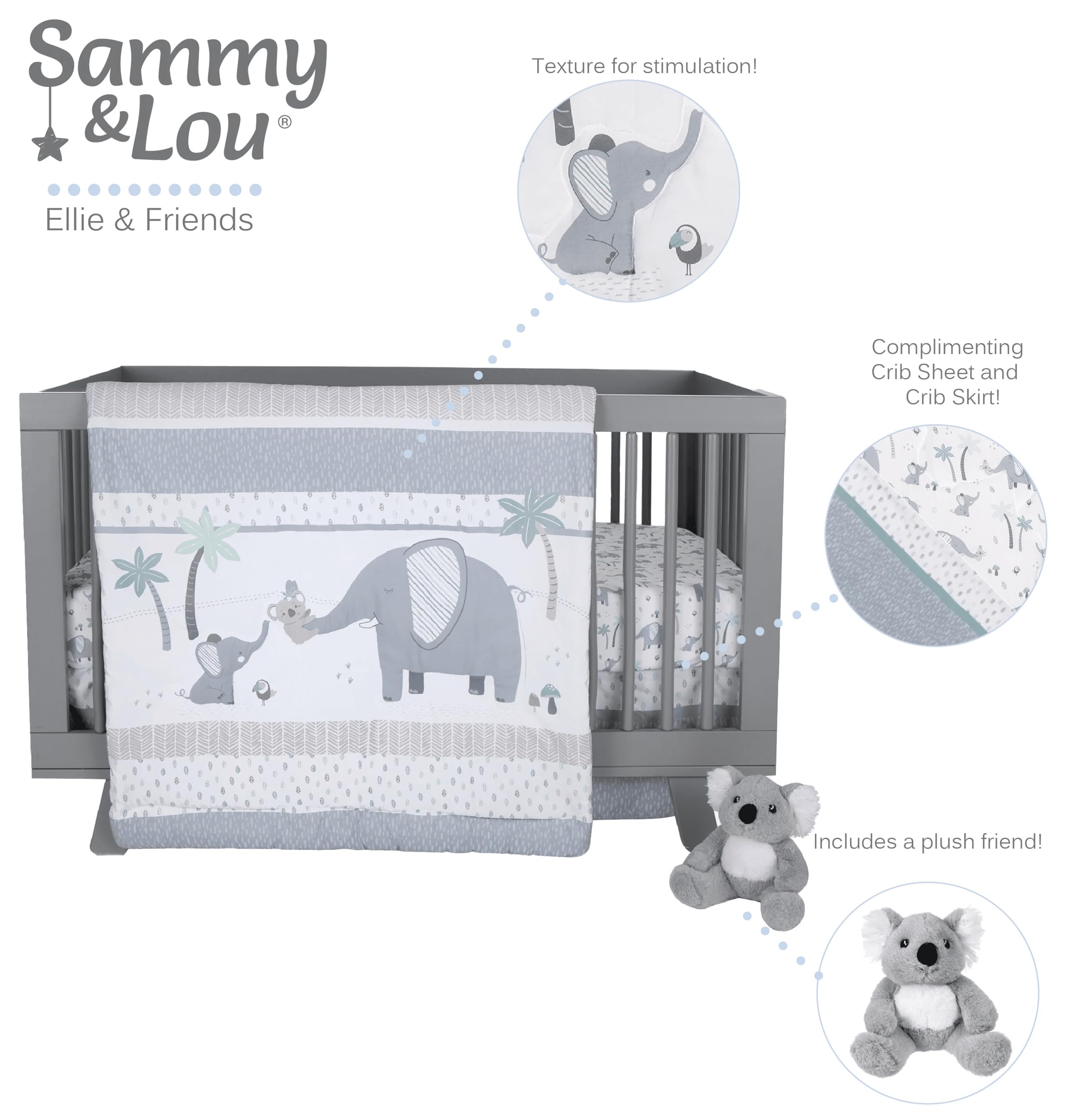 Sammy & Lou Ellie & Friends 4-Piece Baby Crib Bedding Set - Soft Neutral Quilt, Fitted Crib Sheets, Crib Skirt & Plush Toy | Nursery Essentials for Newborns & Toddlers | Perfect for Gender-Neutral Nursery Decor & Baby Shower Gifts