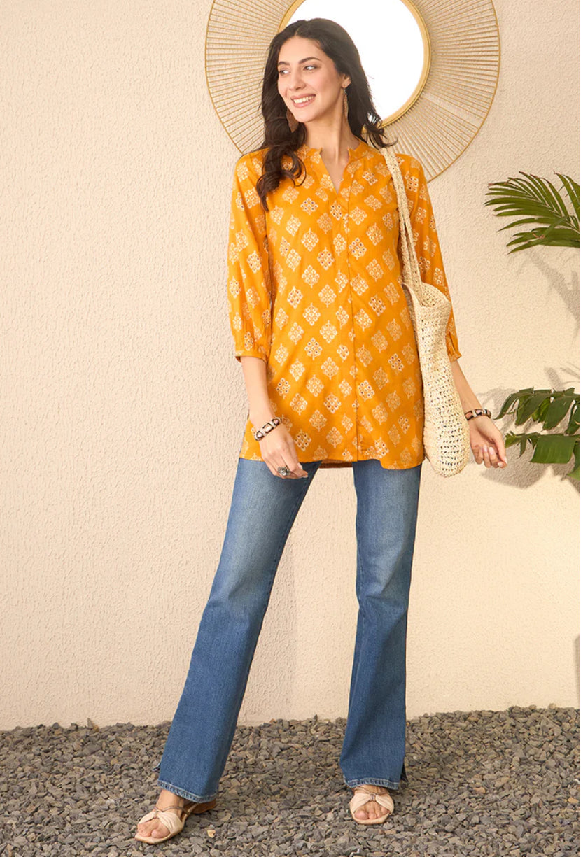Stylish Yellow Cotton Blend Floral Printed Tunic Top for Women - Casual Summer Wear, Beach Cover-Up & Boho Outfit