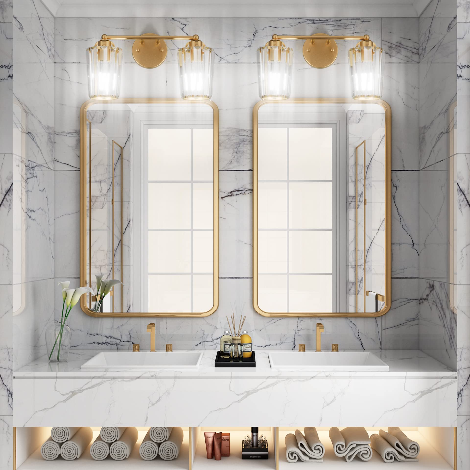 Aipsun Gold Modern Bathroom Vanity Light - 2-Light Crystal Vanity Lighting Fixture for Bathroom Mirror (Bulbs Not Included) | Perfect for Master Bath, Powder Room & Spa-Style Decor