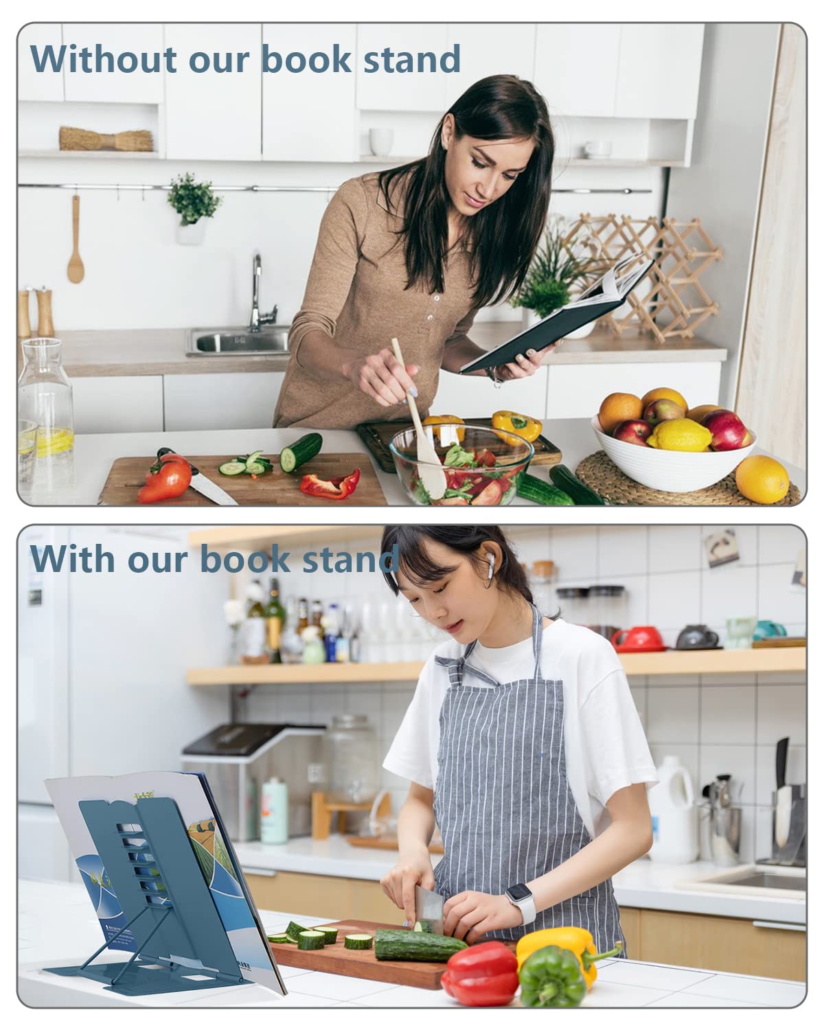 Adjustable Metal Book Stand Holder for Reading - Cookbook, Textbook, Music Book & Tablet Stand - Morandi Navy - Perfect for Kitchen, Office & Study Desk
