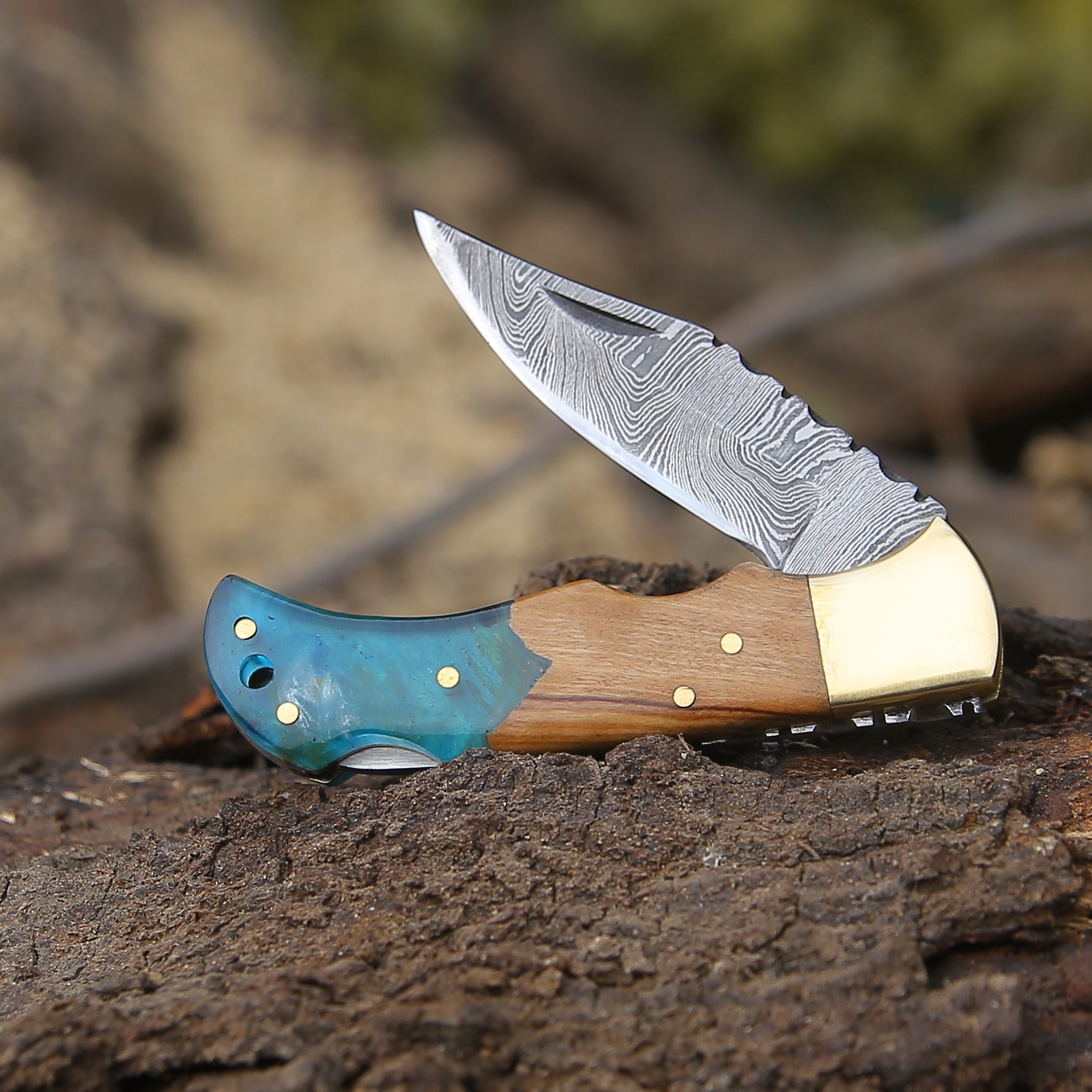 Premium Knight Pocket Knife - Olive Wood & Resin Handle Folding Knife - EDC, Camping, Hiking & Outdoor Survival Tool