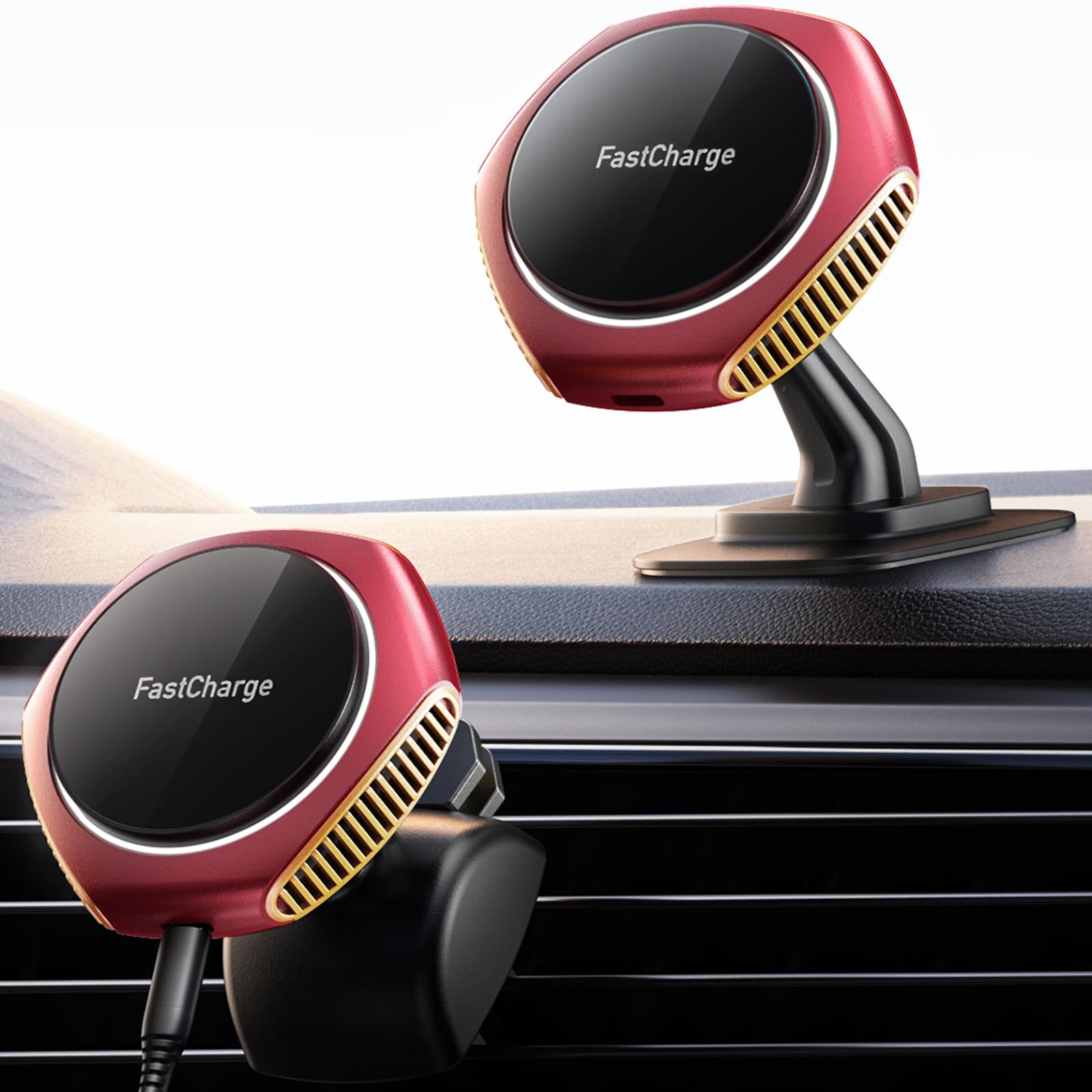 15W MagSafe Car Mount Charger - Magnetic Wireless Fast Charging Phone Holder for iPhone 15 Pro Max/Plus/14/13/12/Mini with MagSafe Case (Red) - Secure & Hands-Free Charging for Safe Driving
