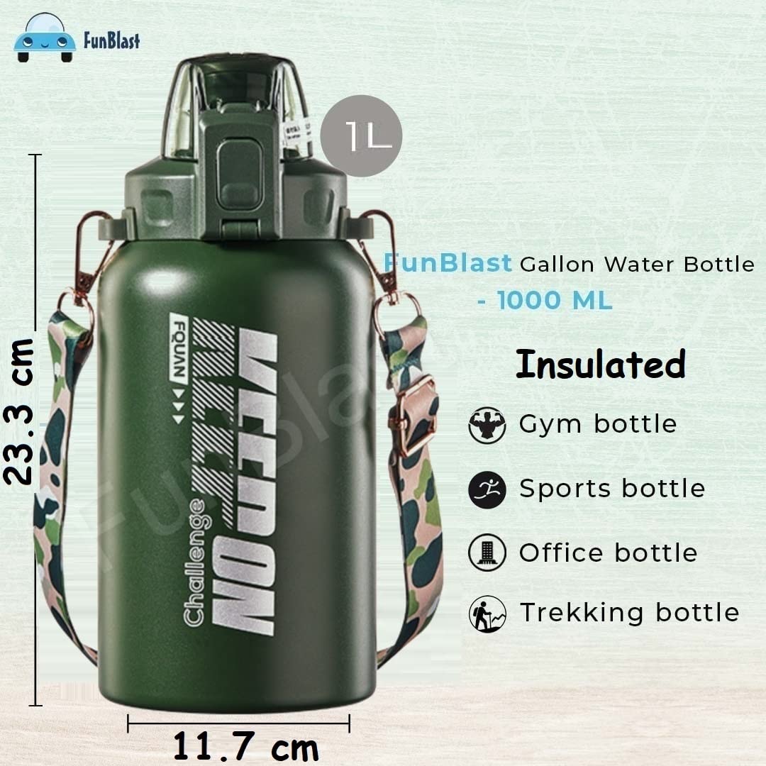 FunBlast 1000ML Insulated Stainless Steel Water Bottle - Hot & Cold Thermos Flask, BPA-Free 304 Stainless Steel Gallon Bottle for Gym, Hiking, Office & Outdoor Activities (Green)