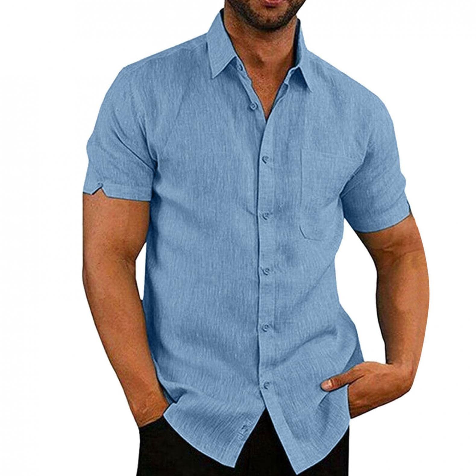 Realdo Men's Casual Linen Button Down Shirt - Stylish Short Sleeve Regular Fit Dress Shirt for Summer, Beach & Office Wear - Breathable Lightweight Top for Outdoor Activities & Vacation