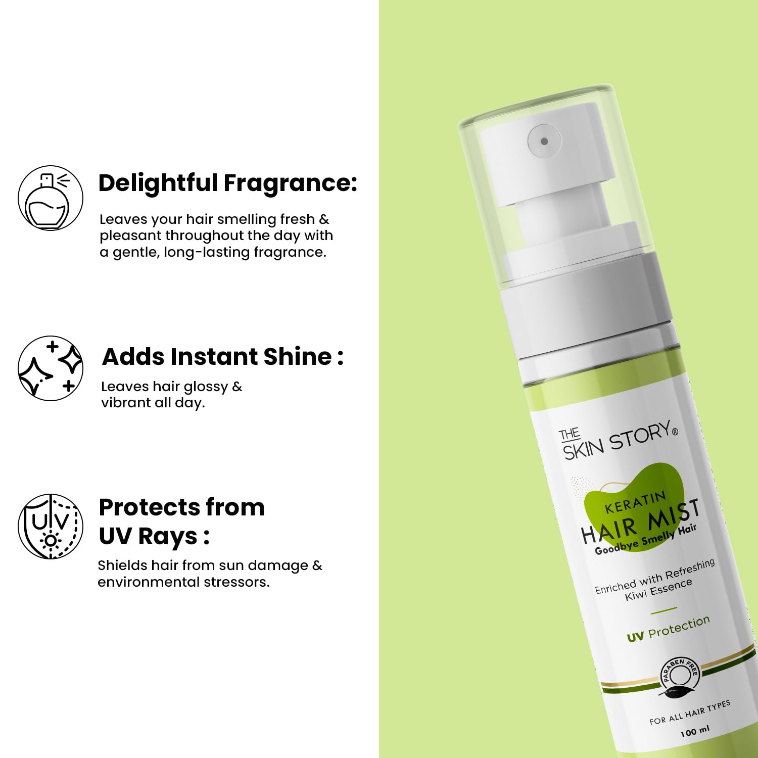 The Skin Story Hair Mist Spray - UV Protection, Frizz Control & Hydrating Hair Perfume with Keratin, Kiwi & Olive Oil | Paraben-Free 100ml | Perfect for Daily Styling, Travel & Heat Protection