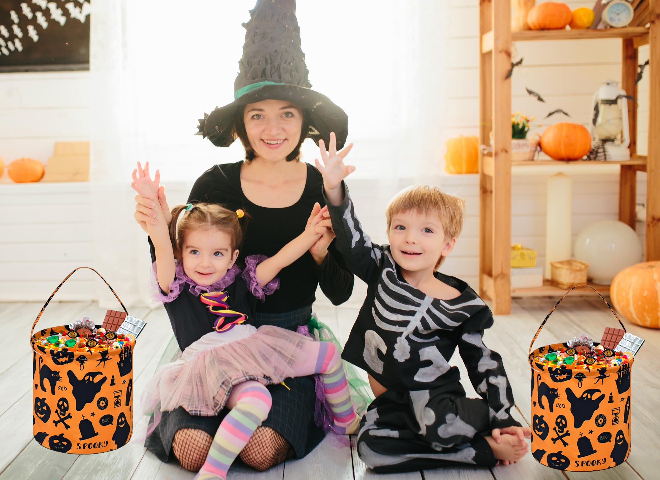 Halloween Pumpkin Ghost Handheld Basket - Reusable Trick or Treat Candy Tote Bucket for Kids | Perfect for Halloween Parties, Trick-or-Treating & Costume Accessories