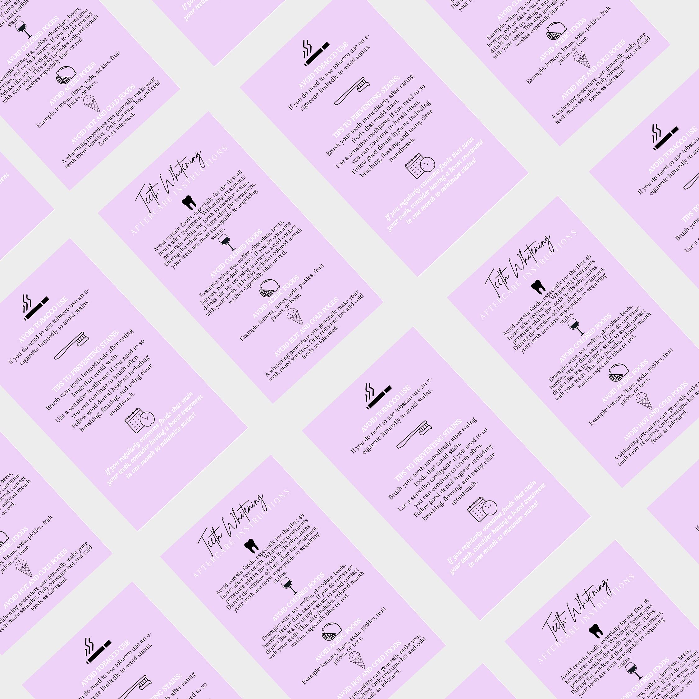 Boutique Marketing LLC Teeth Whitening Aftercare Instructions Cards - 50 Pack of 2x3.5 Inch Business Cards | Wallet-Sized Lavender Purple Design | Perfect for Dental Offices, Beauty Salons & Home Whitening Kits