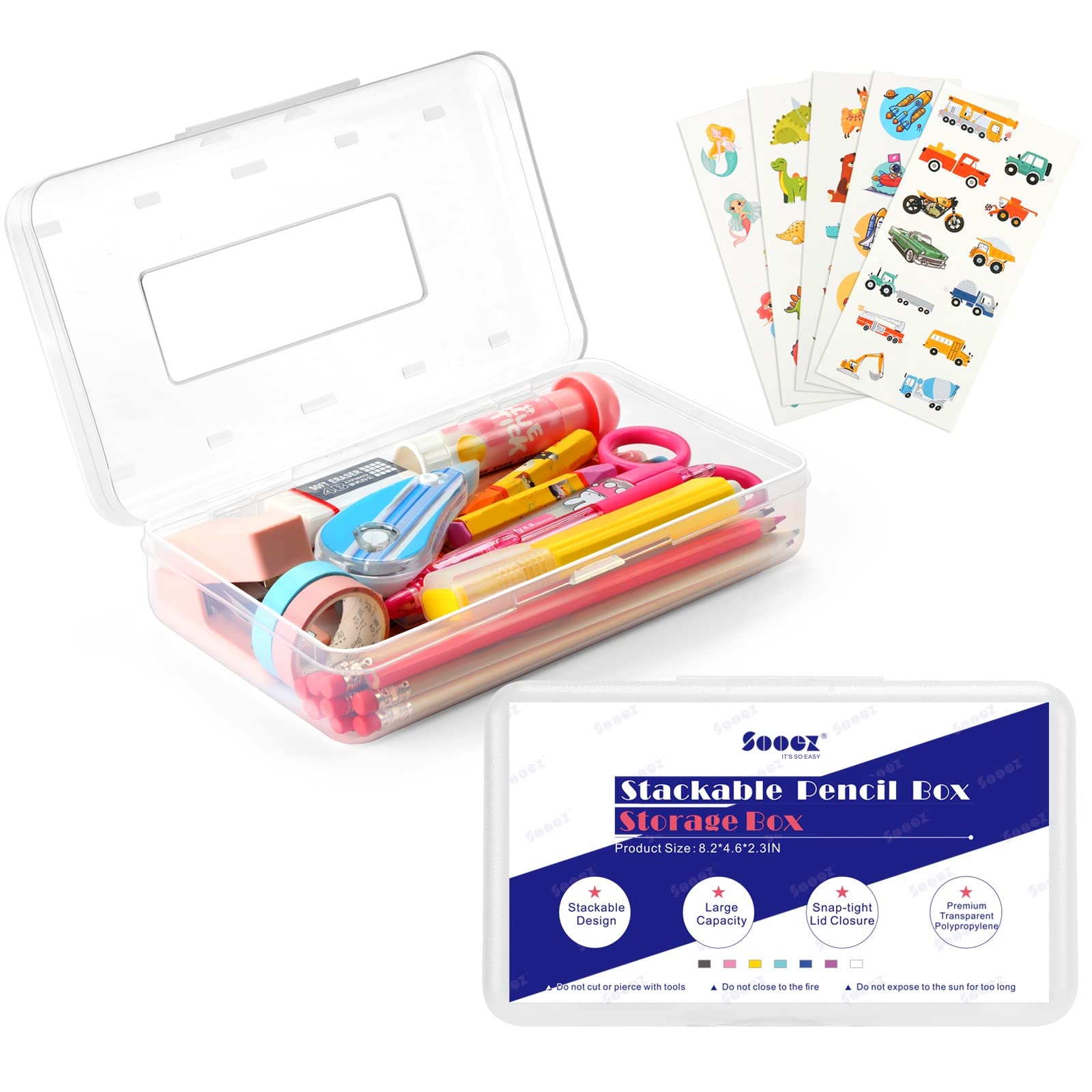 Sooez Clear Plastic Pencil Case with Stickers - Hard Shell School Pencil Box for Kids, Large Stackable Crayon Storage Box with Lid - Perfect for School Supplies, Art Organizer & Classroom Organization