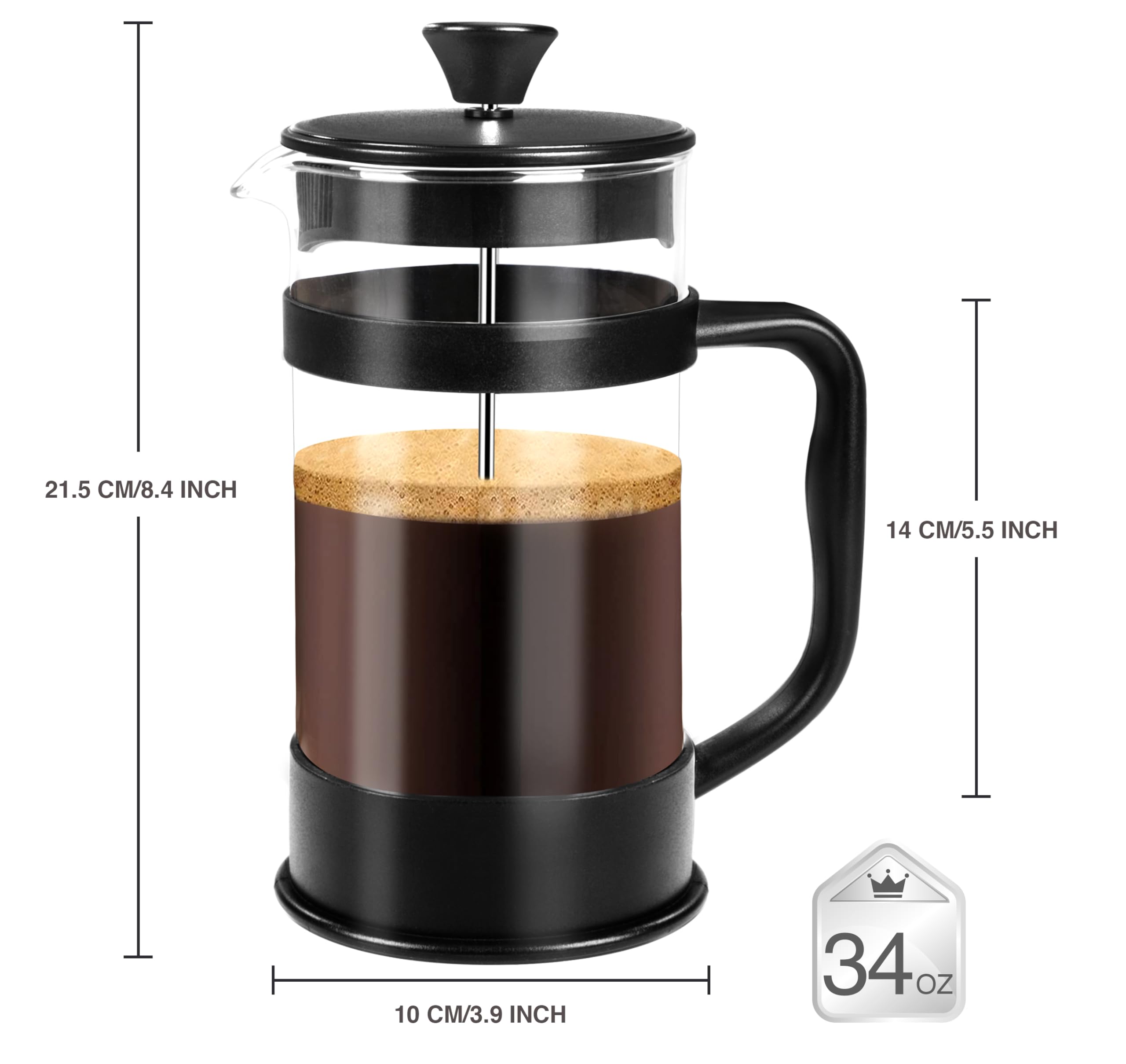 **Utopia Kitchen 34oz (1L) French Press Coffee & Tea Maker - Heat-Resistant Borosilicate Glass, Portable Travel Coffee Press for Camping, Office, Home, Gifts - Black (Pack of 1)**