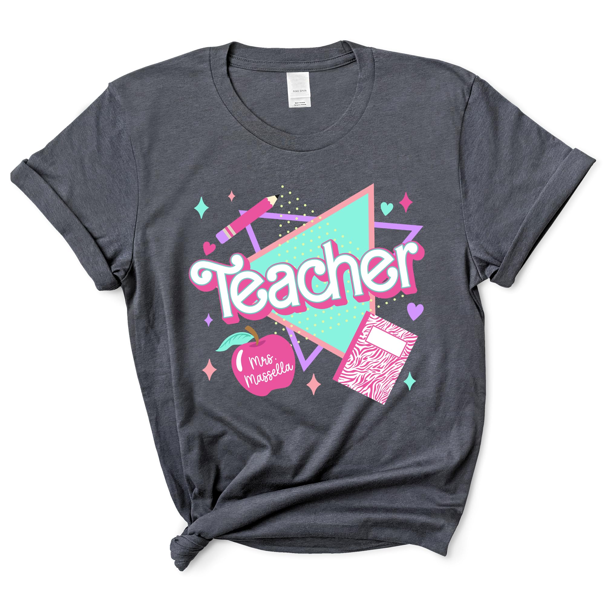 Custom Personalized Teacher T-Shirt - 80s 90s Retro Pink Back to School Shirt with Name & Grade | Great for Teacher Appreciation Week, Classroom Gifts & School Events