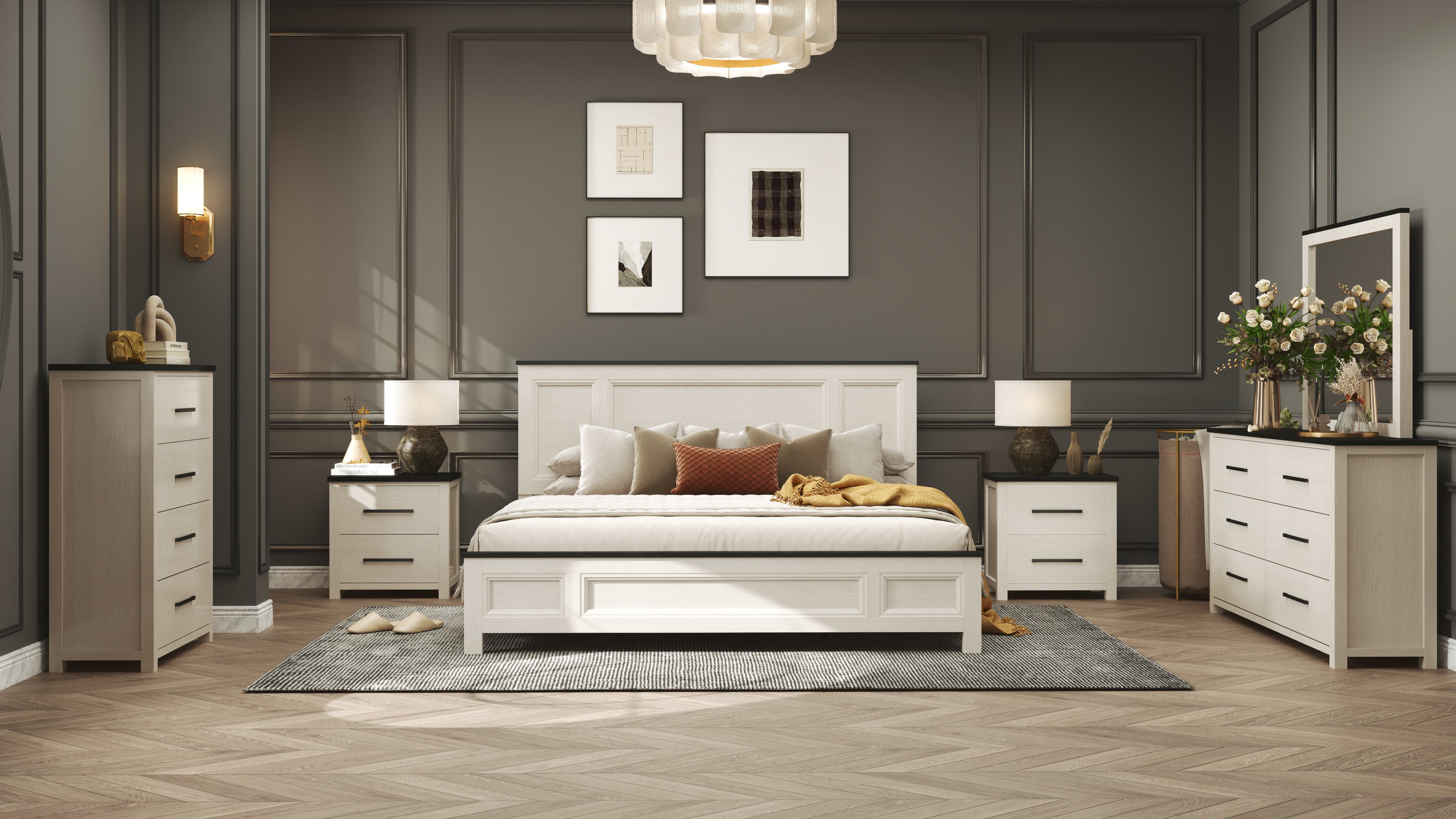 Roundhill Furniture Realynn Wood Bedroom Collection - Queen Size Bed Frame, Nightstand & Dresser Set in Off White Finish | Modern Farmhouse Style for Master Bedroom & Guest Room Decor