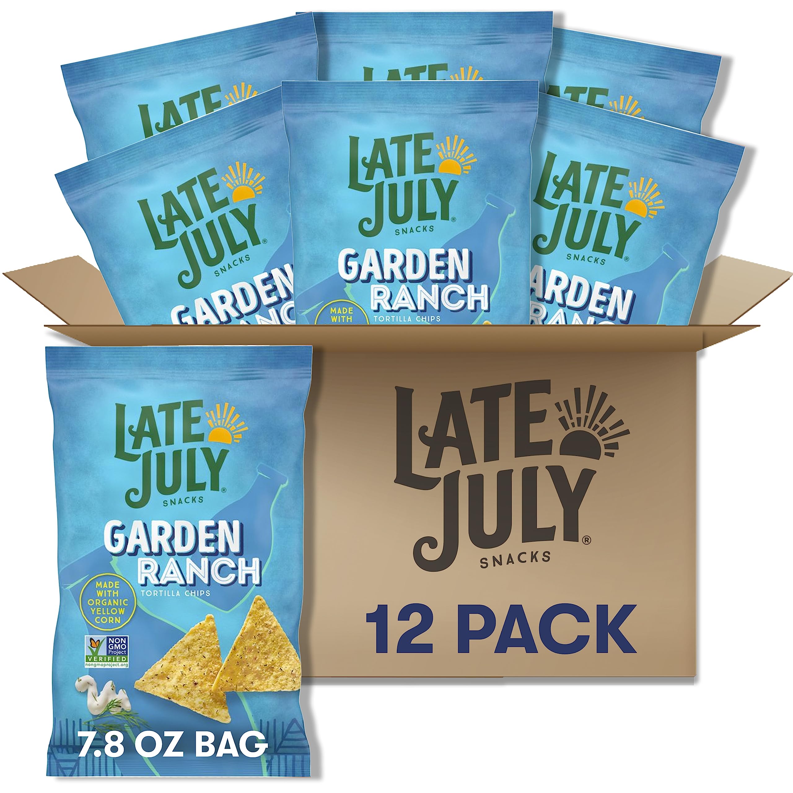 Organic Late July Garden Ranch Tortilla Chips - 7.8oz Bags (Pack of 12) | Gluten-Free Snacks for Parties, Picnics & Healthy On-the-Go Munching
