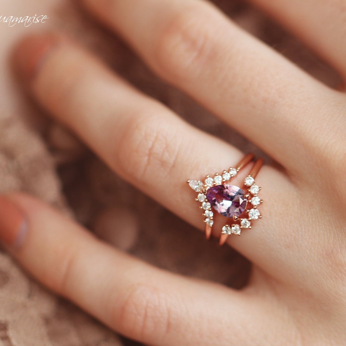 14K Rose Gold Vermeil Alexandrite Ring Set for Women | Elegant Birthstone Jewelry Gift for Anniversary, Engagement & Special Occasions