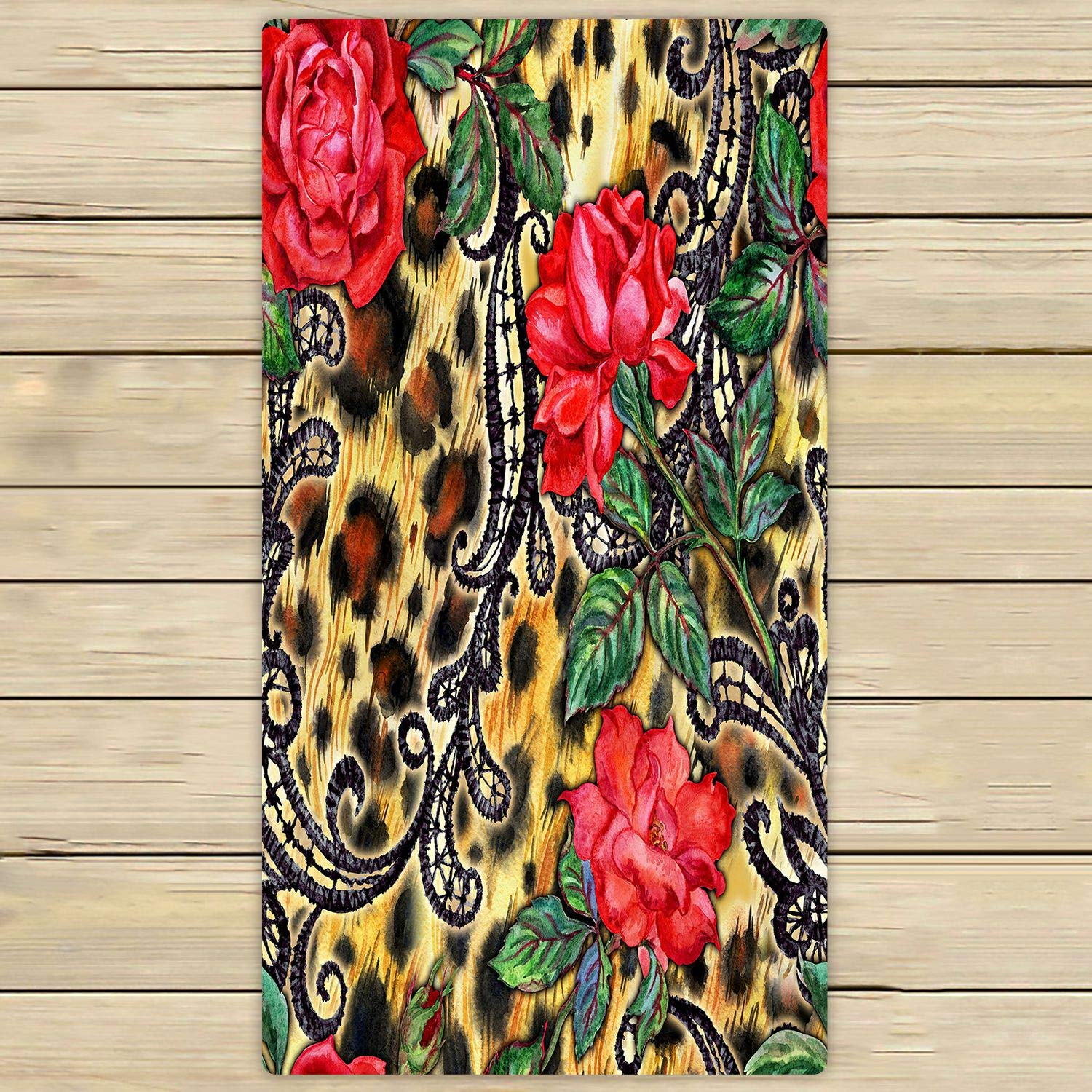 ABPHQTO Red Roses Lace Leopard Print Beach Towel - 30x56 Inch Soft Absorbent Bath Pool Sport Travel Hand Towel for Spa, Swimming, Yoga & Outdoor Activities