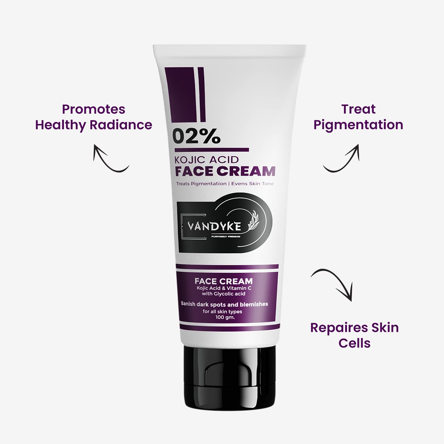 Vandyke 2% Kojic Acid Face Cream for Dark Spots & Hyperpigmentation - Brightening Skin Treatment for Even Tone (100g) | Daily Use for Acne Scars, Sun Damage & Age Spots