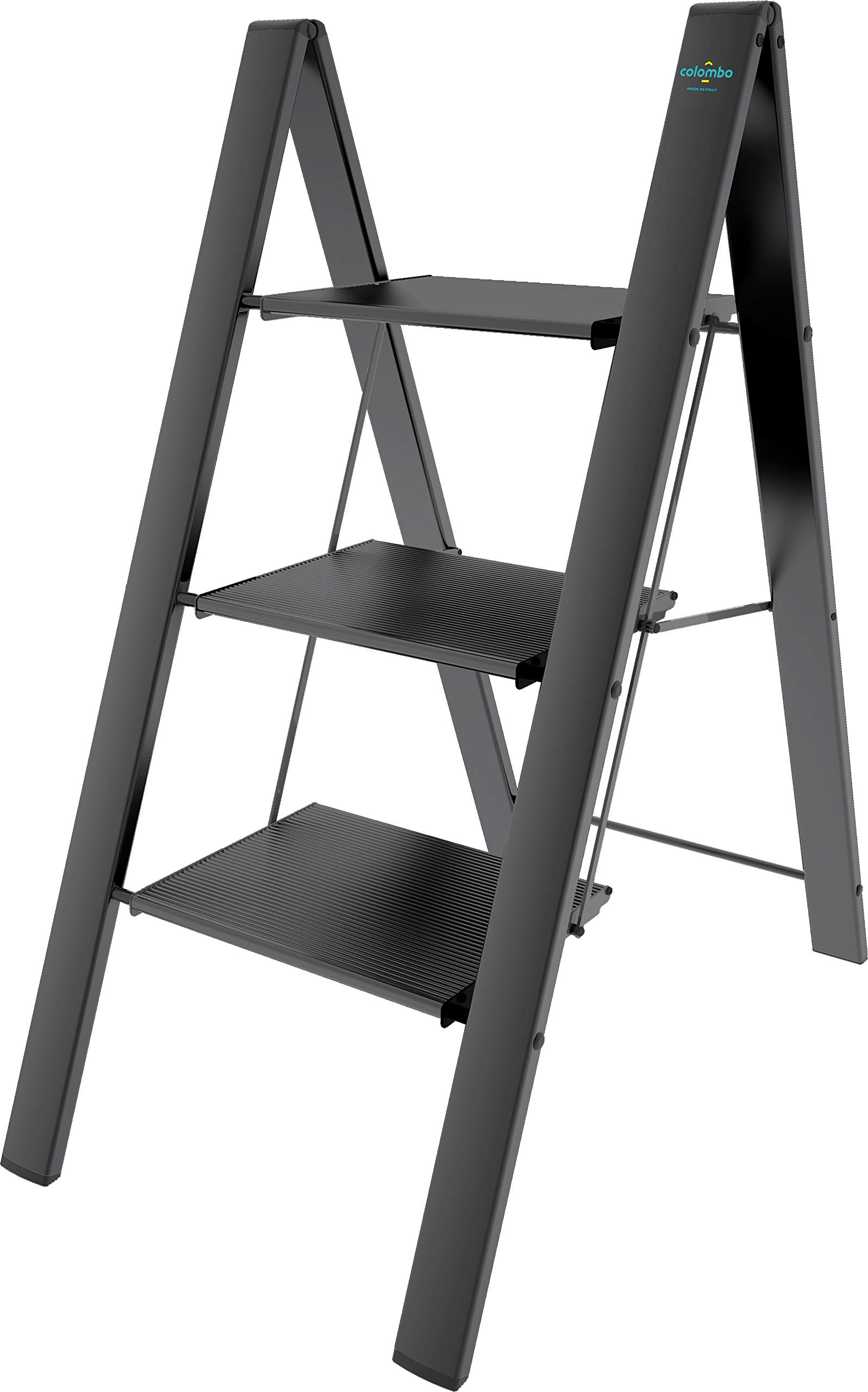 Colombo Leonardo 3 - Anodized Aluminum Step Ladder, 3 Steps, 150kg Max Load, Black - Perfect for Home, Garage & Workshop Use