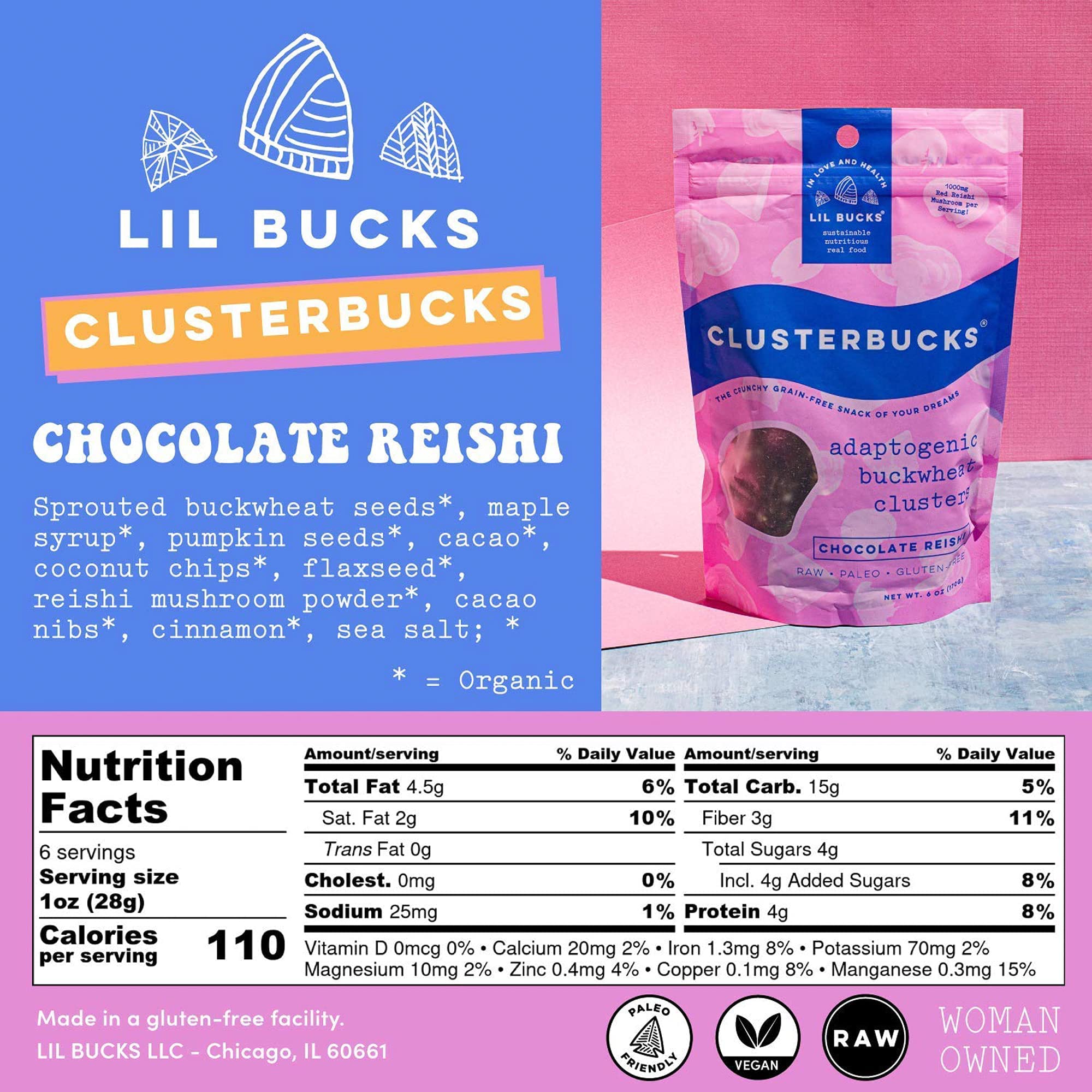 Lil Bucks Clusterbucks Gut Friendly Clusters - Organic Sprouted Buckwheat Snacks, Gluten Free, Non-GMO, Vegan (Chocolate Sea Salt, 3 Pack) - Perfect for Healthy On-the-Go Snacking, Office Treats & Kids Lunchboxes