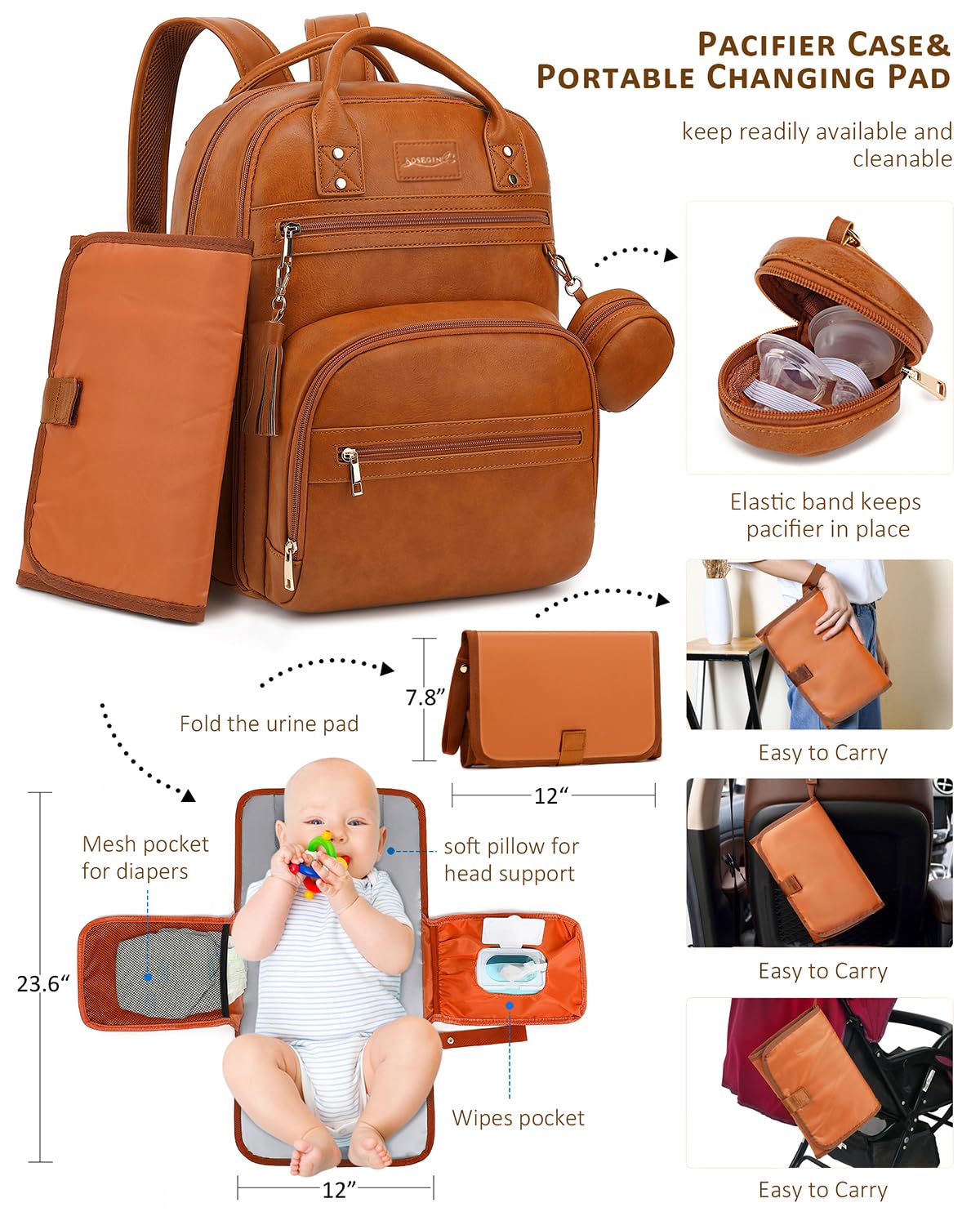 Premium Vegan Leather Diaper Bag Backpack - Waterproof Baby Changing Pad, 20 Pockets Organizer, Reinforced Zippers & Odor-Free, Fits 15.6