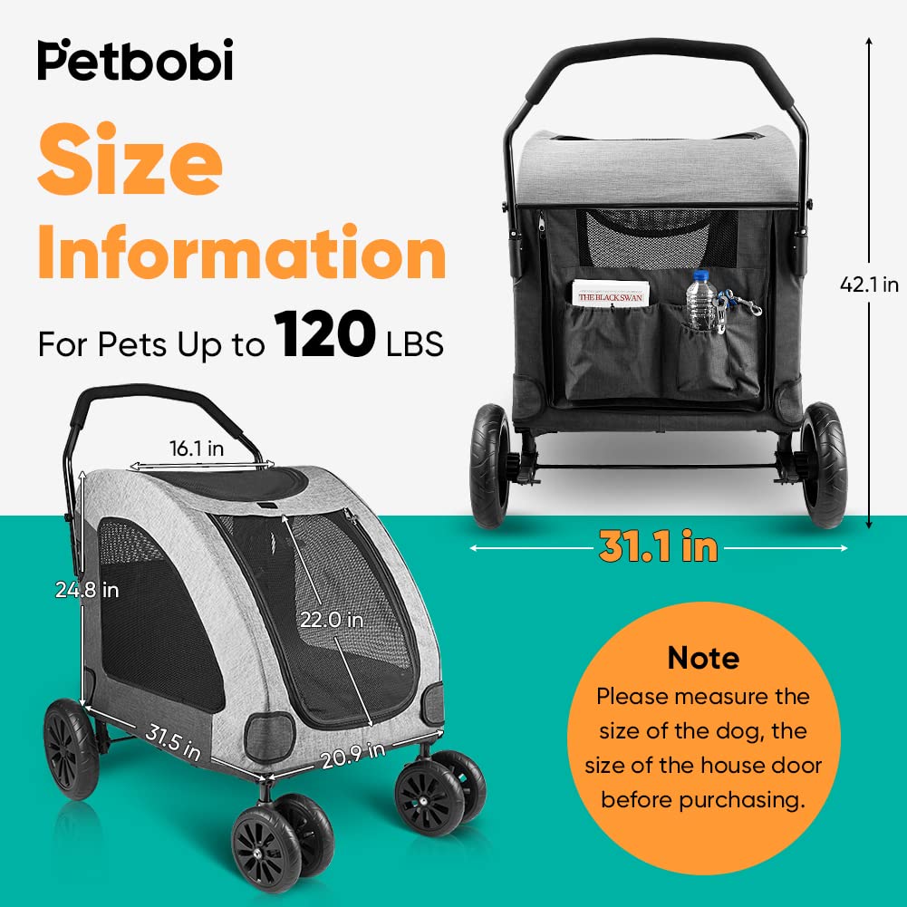 Petbobi Large Dog Stroller - Heavy Duty 120lbs Capacity, Breathable & Waterproof Oxford Fabric, Detachable Storage Bag, Foldable Design with 4 Rubber Wheels - Ideal for Medium to Large Dogs, Perfect for Outdoor Walks, Vet Visits, and Travel (Grey)