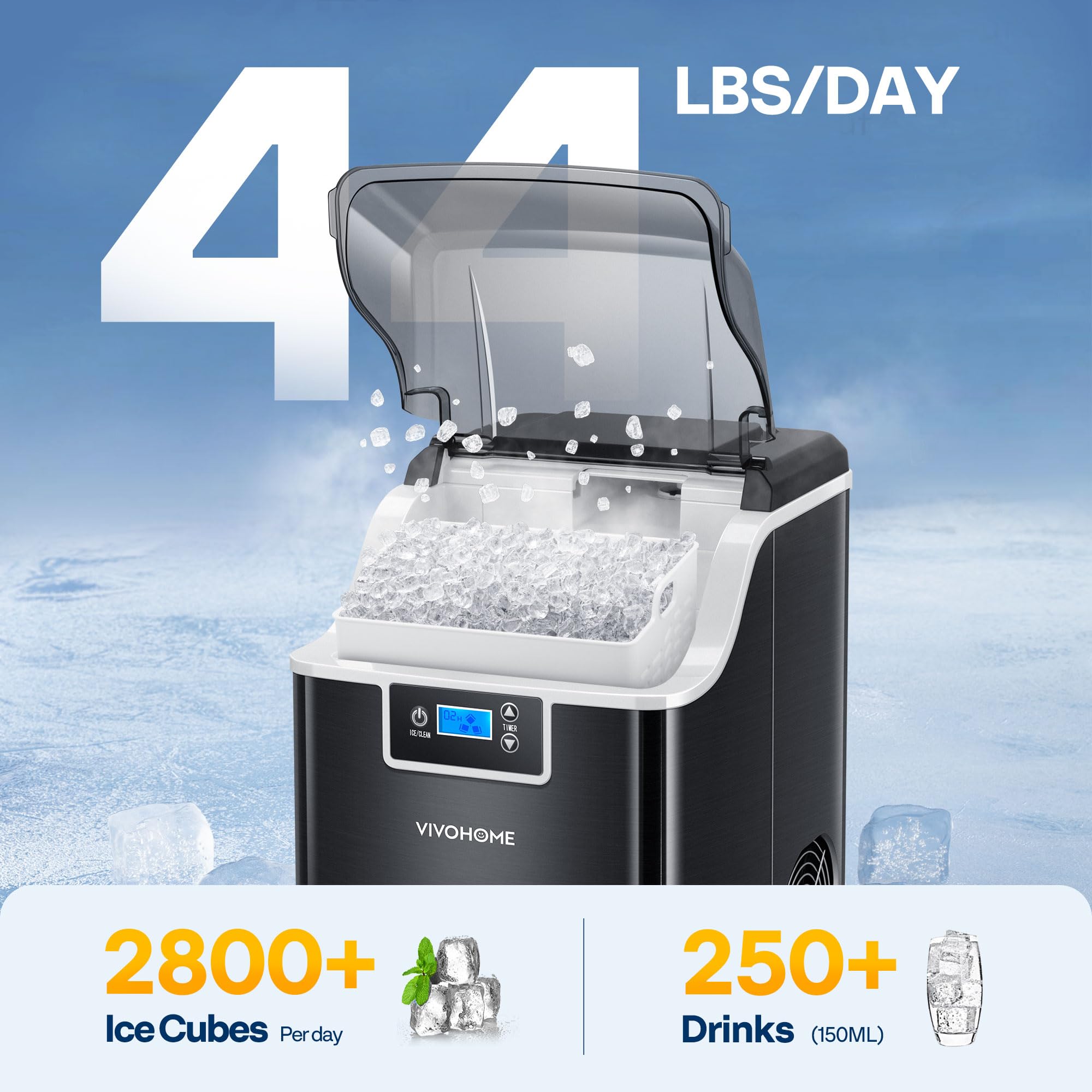 VIVOHOME Countertop Nugget Ice Maker Machine - 44lbs/Day Portable Pebble Ice Maker with Self-Cleaning, Soft Chewable Pellet Ice, Includes Scoop & 10 Ice Bags - Perfect for Home Kitchen, Office, RV, Camping, Parties & Outdoor Adventures