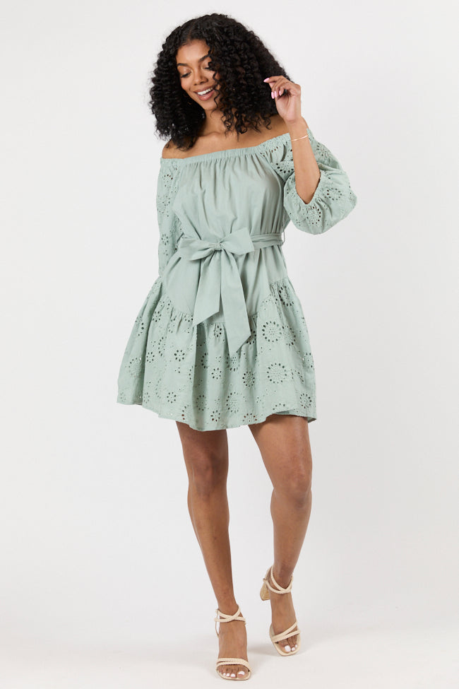 Elegant Sage Green Eyelet Off-The-Shoulder Summer Dress for Women - Perfect for Beach Vacations, Date Nights & Outdoor Weddings