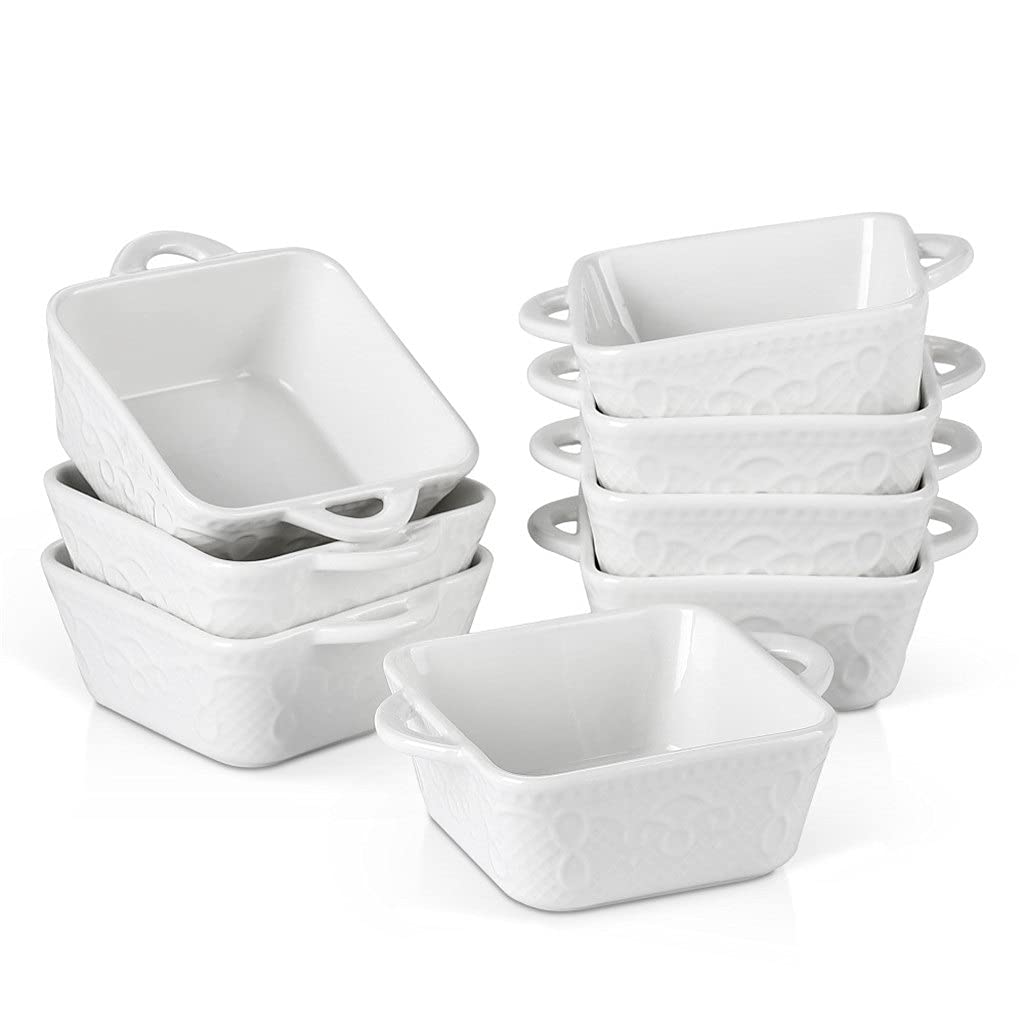 4/8-Piece 305ML White Ceramic Baking Dish Set with Handles - Oven Safe Porcelain Ramekins for Souffle, Brulee, Pie, Tapas - Perfect for Desserts, Side Dishes & Party Serving (4-Piece)