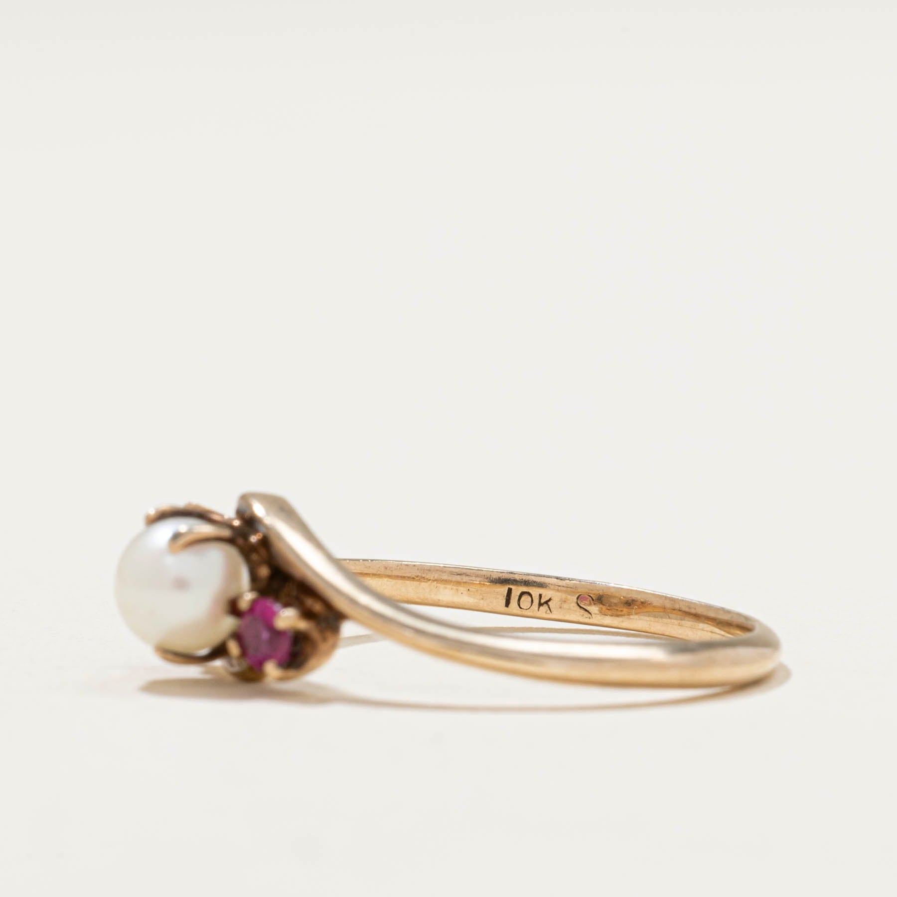 Pearl & Synthetic Ruby Bypass Ring - 0.10 Carat Total Weight - Size 7 - Elegant Wedding Band, Anniversary Gift for Her, Valentine's Day Jewelry