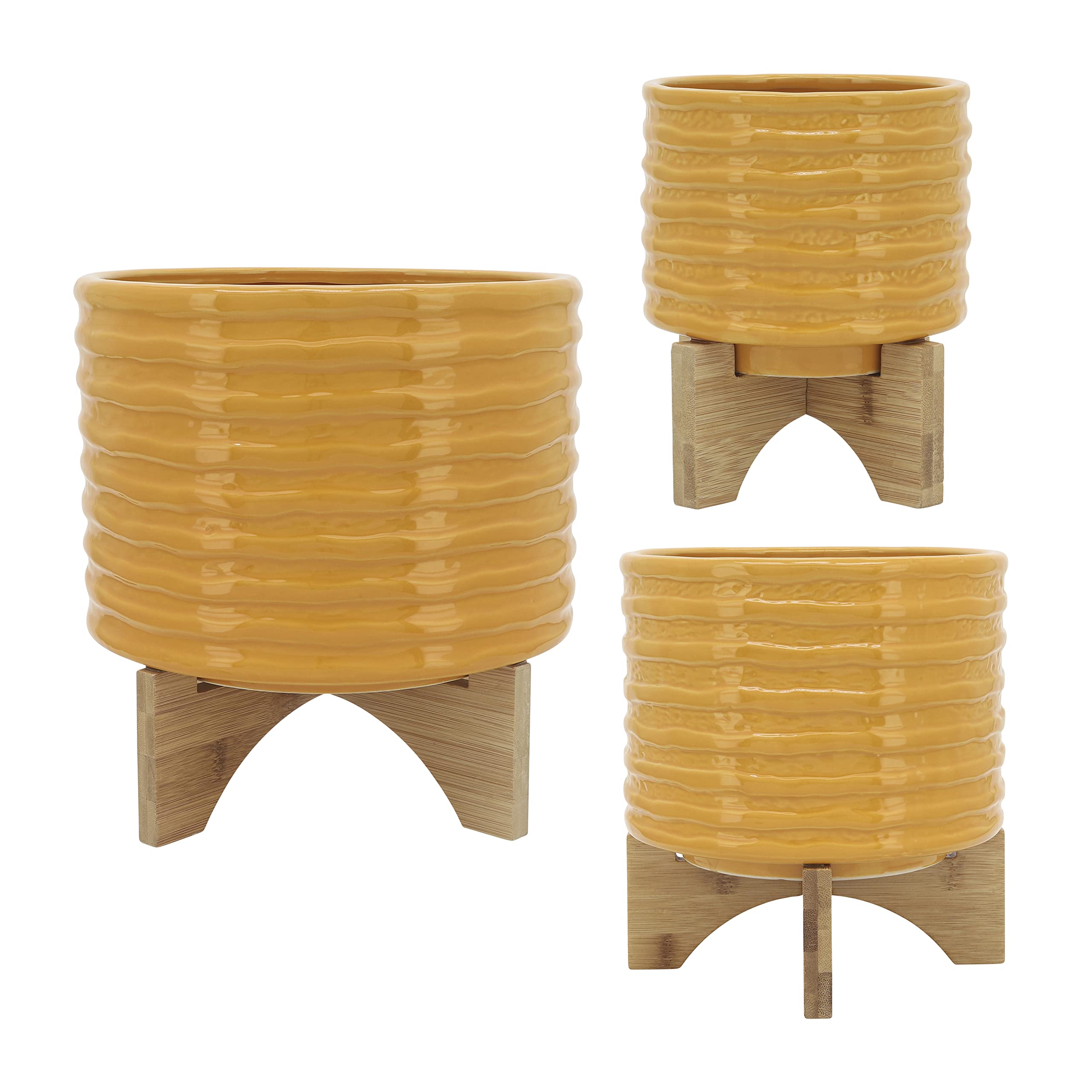 Sagebrook Home Modern Yellow Ceramic Planter with Wood Stand - 8
