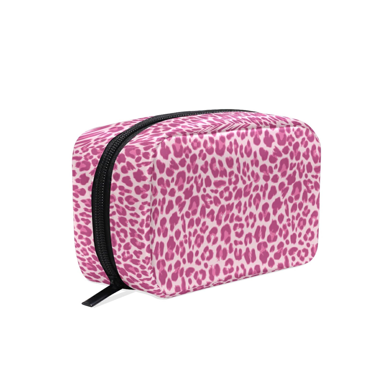 Cute Pink Leopard Print Makeup Bag for Women & Girls - Travel Cosmetic Organizer with Multiple Compartments - Perfect for Toiletries, Jewelry, and Travel Essentials