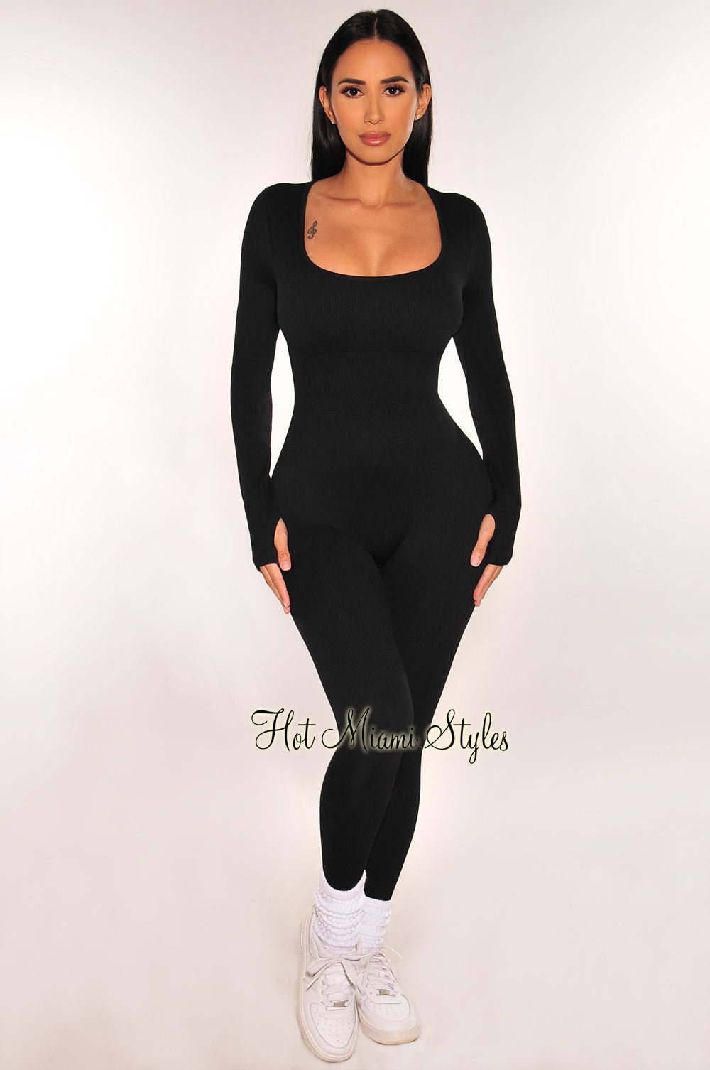 HMS Fit Black Long Sleeve Square Neck Padded Ribbed Bodycon Jumpsuit for Women - Slimming Workout Outfit for Yoga, Gym & Night Out
