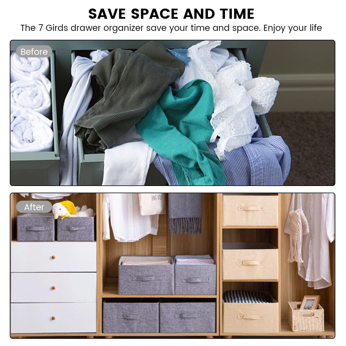 Foldable Cotton Linen Closet Storage Box with Handle - Washable Drawer Organizer for Underwear, Scarves, Dress Pants & T-Shirts (Grey, Large) - Perfect for Bedroom, Closet & Travel Storage Organization