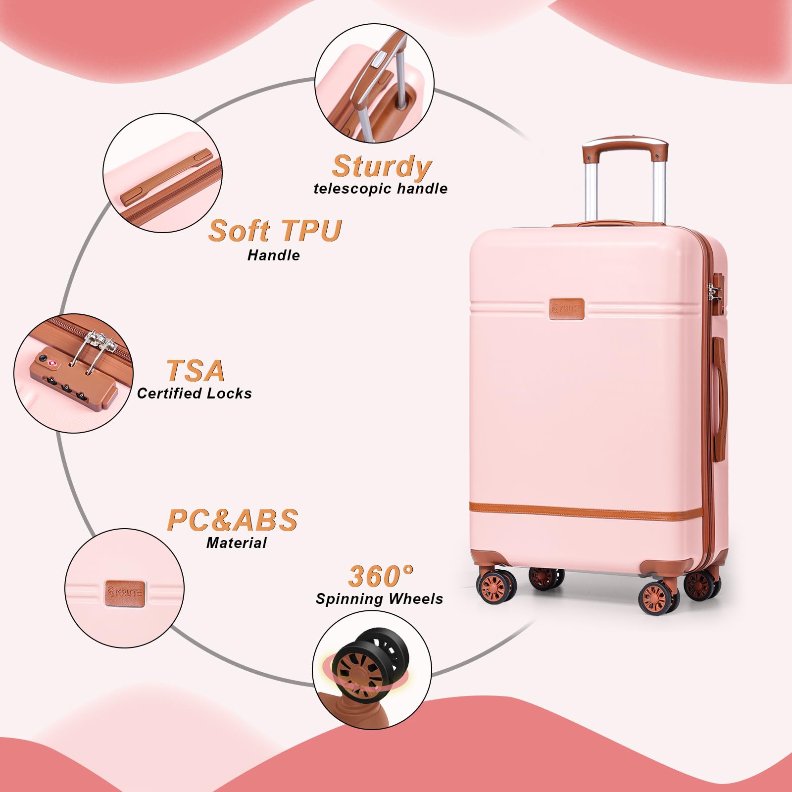 Krute 28 Inch Large Checked Luggage - TSA Approved Lock, Durable PC+ABS Hard Shell Suitcase with 360° Spinner Wheels (White/Brown) - Perfect for International Travel, Family Vacations & Business Trips