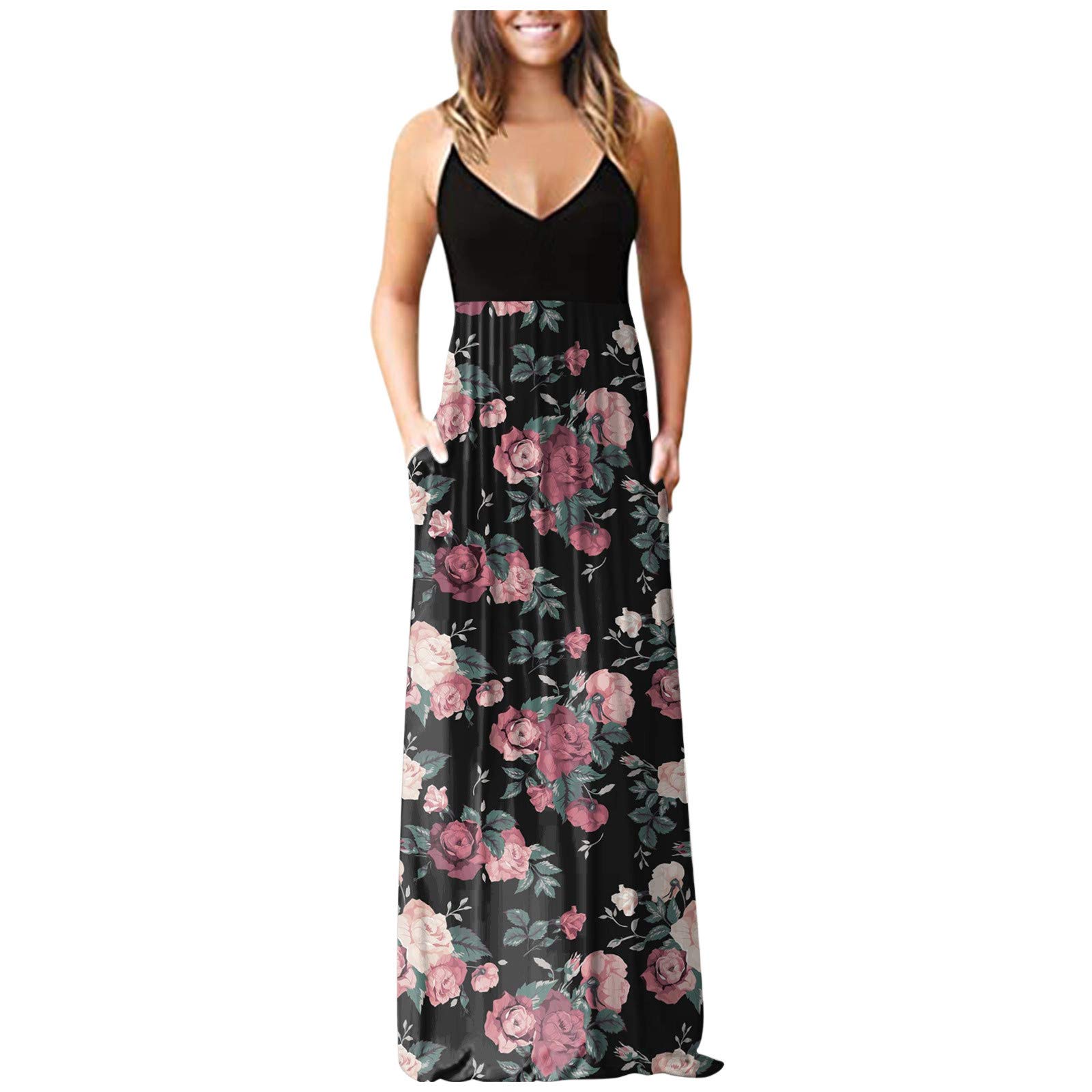 Kaideny Women's Summer Maxi Dress - V Neck Sleeveless Floral Print Long Dress with Pockets | Beach Wedding Vacation Outfit