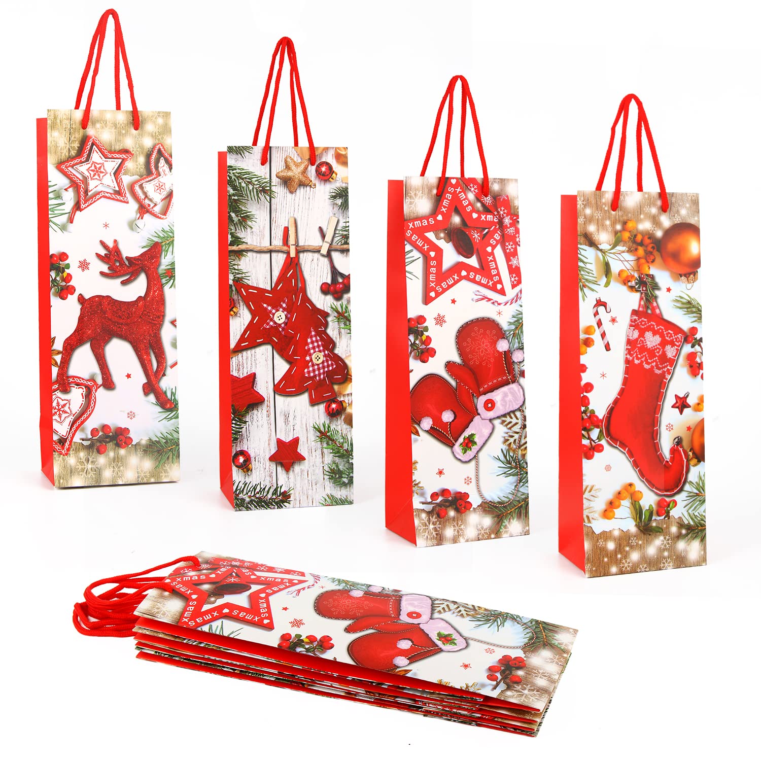 CCINEE 12PCS Christmas Wine Bottle Gift Bags with Handles - Santa Claus Reindeer Snowman Holiday Wine Bags for Xmas Party, Gifts & Home Decor | Perfect for Christmas Parties, Gift Exchanges & Festive Celebrations