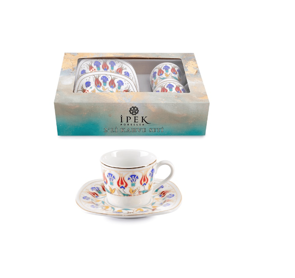 Authentic Turkish Coffee Cups Set of 2 - Handmade Tulip Pattern Ceramic Espresso Cups - Perfect for Turkish Coffee, Espresso & Tea at Home or Cafe