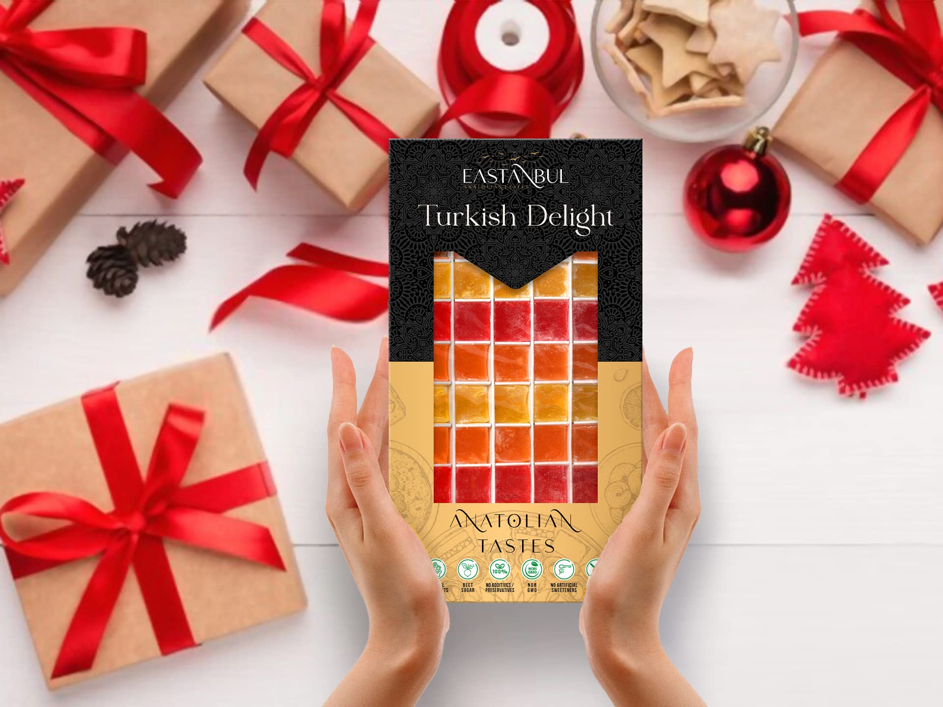 Premium Eastanbul Turkish Delight Lokum - 21.2oz Assorted Flavors (Rose, Orange, Apple, Mastic) | Gluten Free, Vegan, No Artificial Ingredients | Authentic Turkish Candy Gift Box | Perfect for Parties, Gifts & Dessert Platters