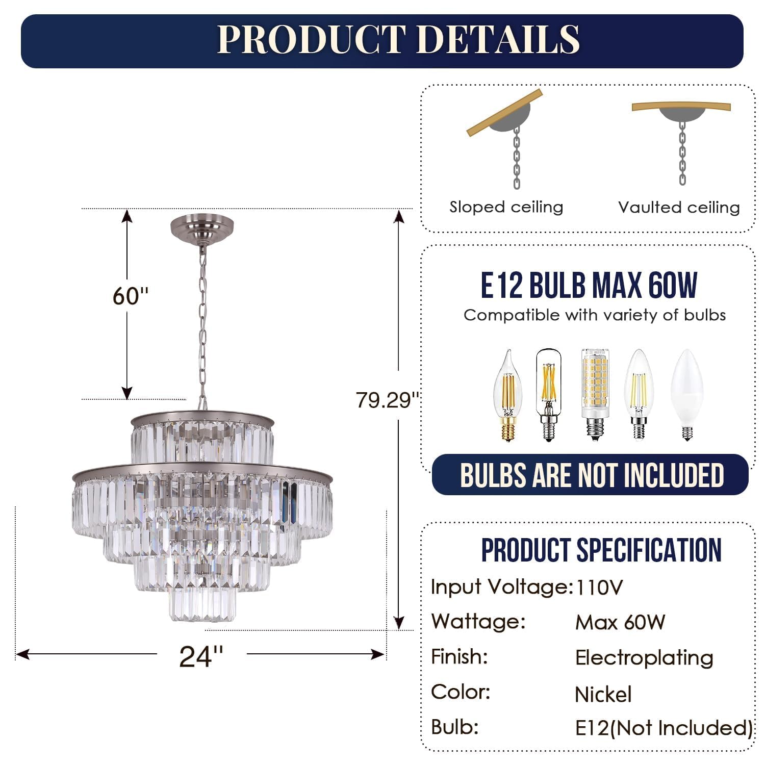 5-Tier 24 Inch Crystal Chandelier Pendant Light - 13-Light High Ceiling Fixture in Nickel Finish - Elegant Lighting for Dining Room, Living Room, Foyer & Hallway - Perfect for Weddings, Parties and Luxury Home Decor