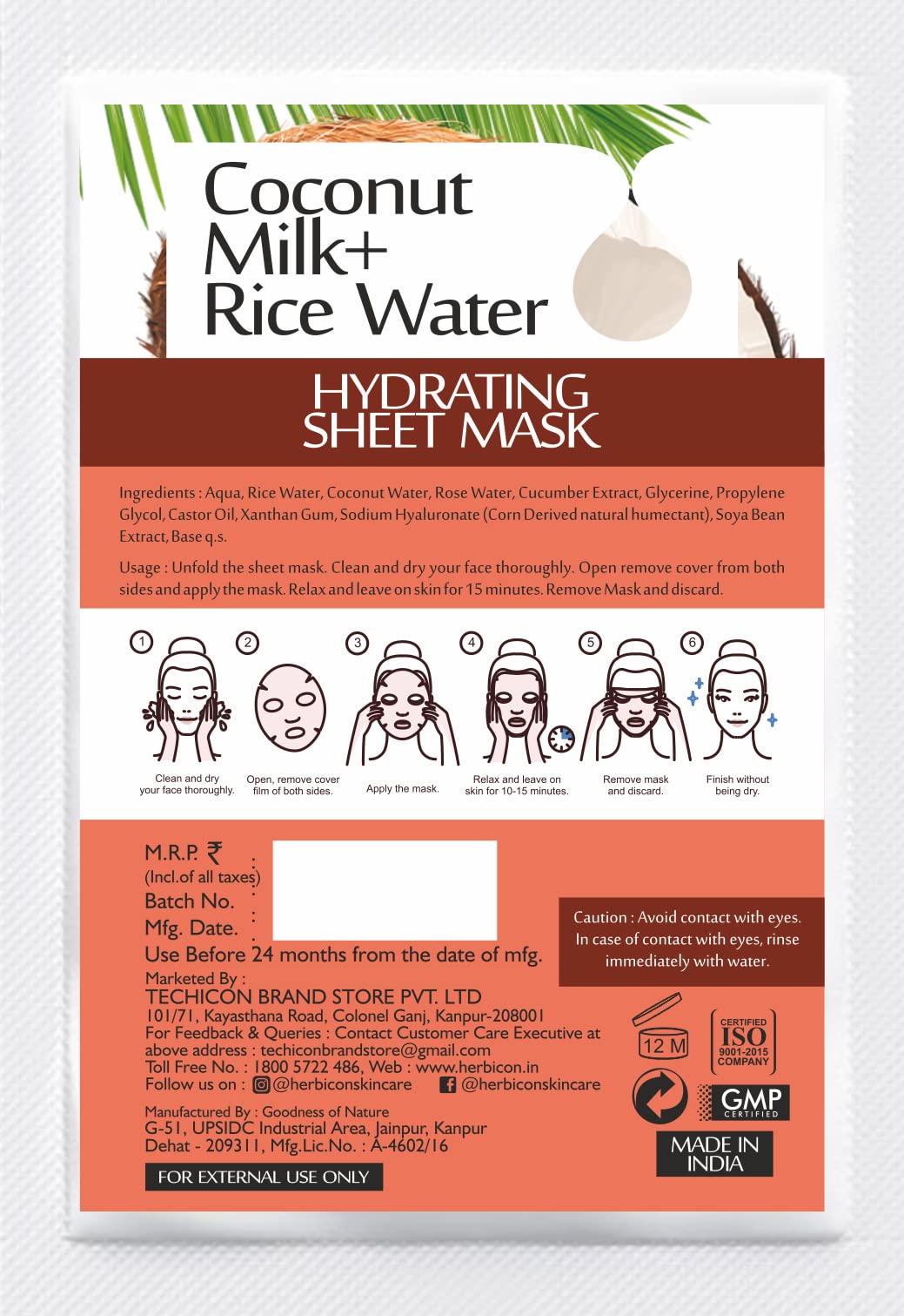 Herbicon Rice Water & Coconut Milk Face Sheet Mask - Deep Hydration Facial Treatment for Dry Skin - 20g (5 Pack) | Korean Skincare Routine, Spa Day at Home, Post-Workout Refresh