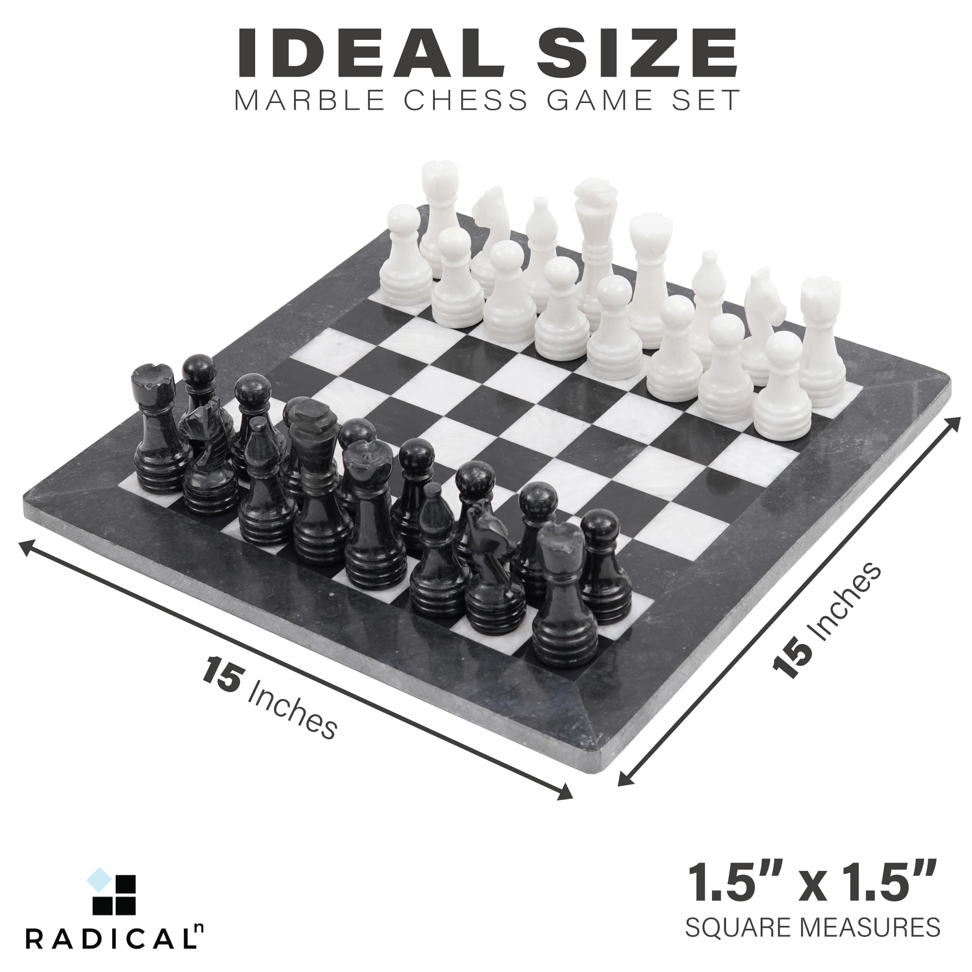 Premium Handmade Marble Chess Set - 15 Inch Black & White Chess Board with 32 Pieces - Classic Strategy Game for Adults - Perfect for Home Decor, Office, Gifts & Tournament Play