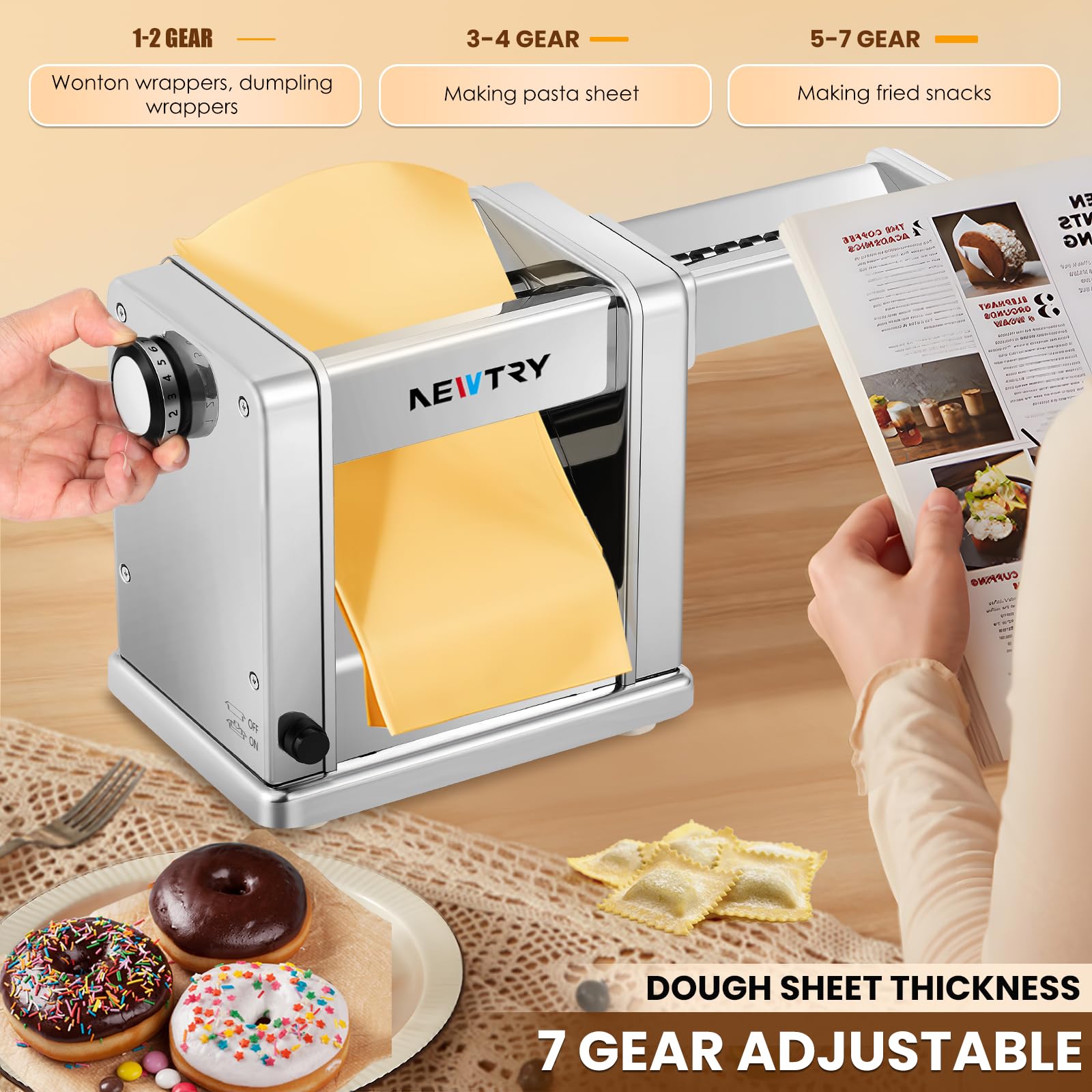 NEWTRY Electric Pasta Maker Machine - 3 Blade Attachments (2mm/4mm/6.5mm) for Homemade Noodles, Dough Roller & Press Cutter - 110V US Plug - Perfect for Family Cooking, Italian Dishes & Fresh Pasta Making at Home