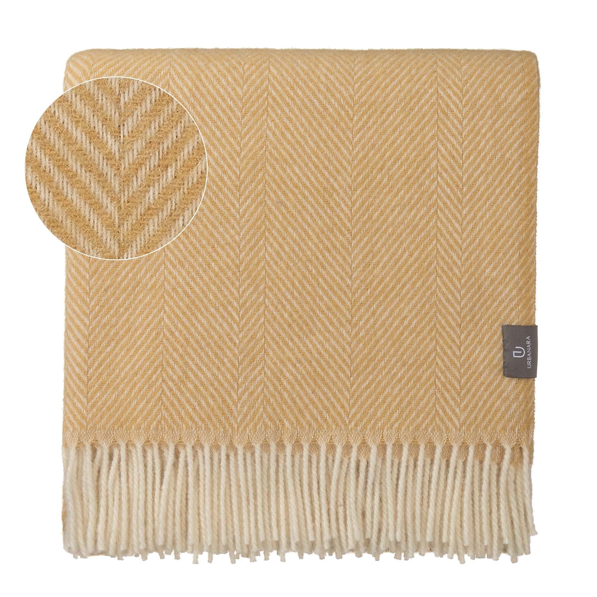 URBANARA 100% Pure Scandinavian Wool Throw Blanket 55x87 Inches - Mustard Yellow & Cream Herringbone Design with Fringe - Virgin Wool for Sofa, Bed & Home Decor | Cozy Winter Wrap & Gift Idea