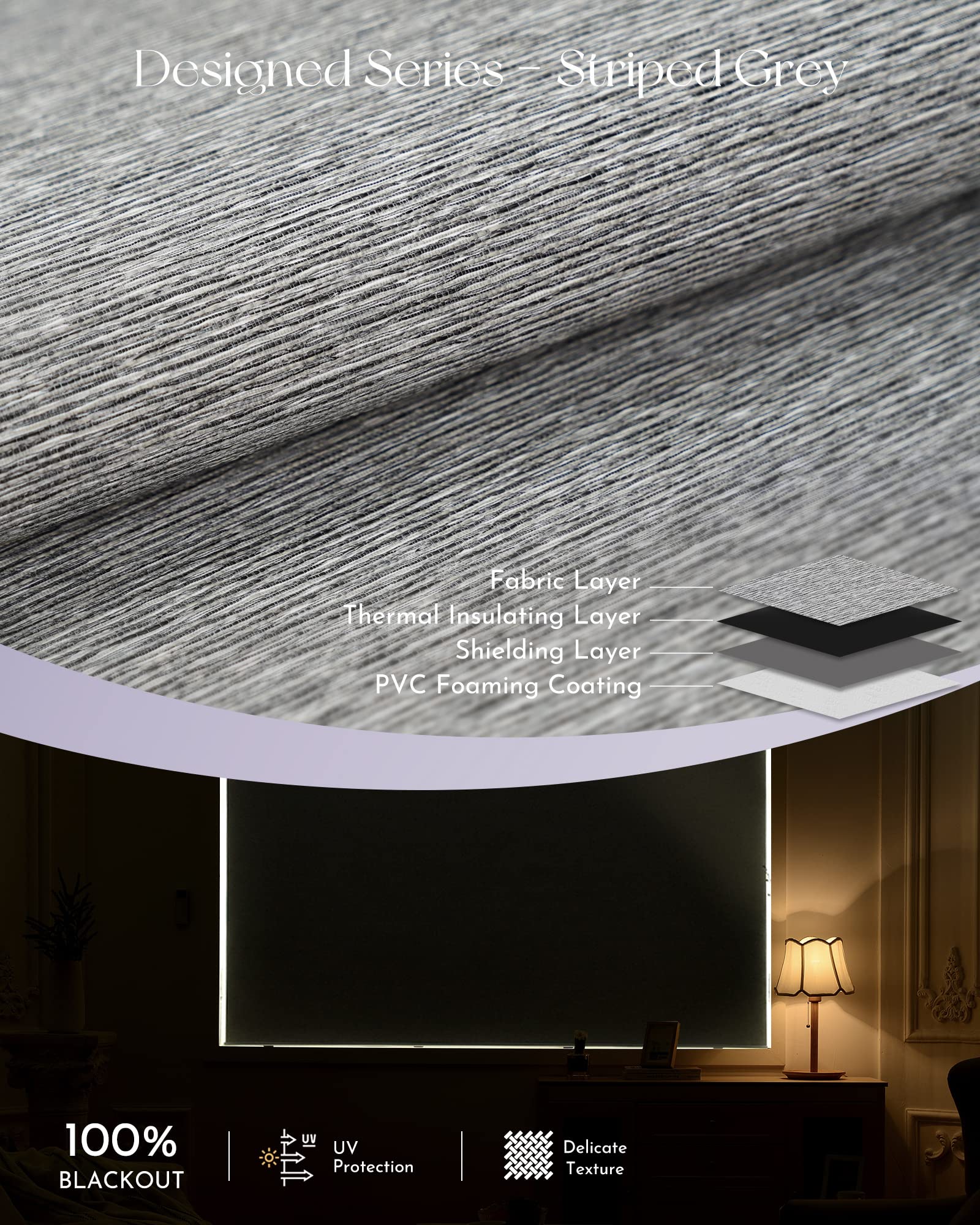 Graywind Smart Blackout Roller Shades - Alexa & Google Compatible, Rechargeable Motorized Blinds with Cordless Remote, Textured Gleaming Fabric, Custom Size (Striped Grey) - Perfect for Bedrooms, Living Rooms & Home Offices