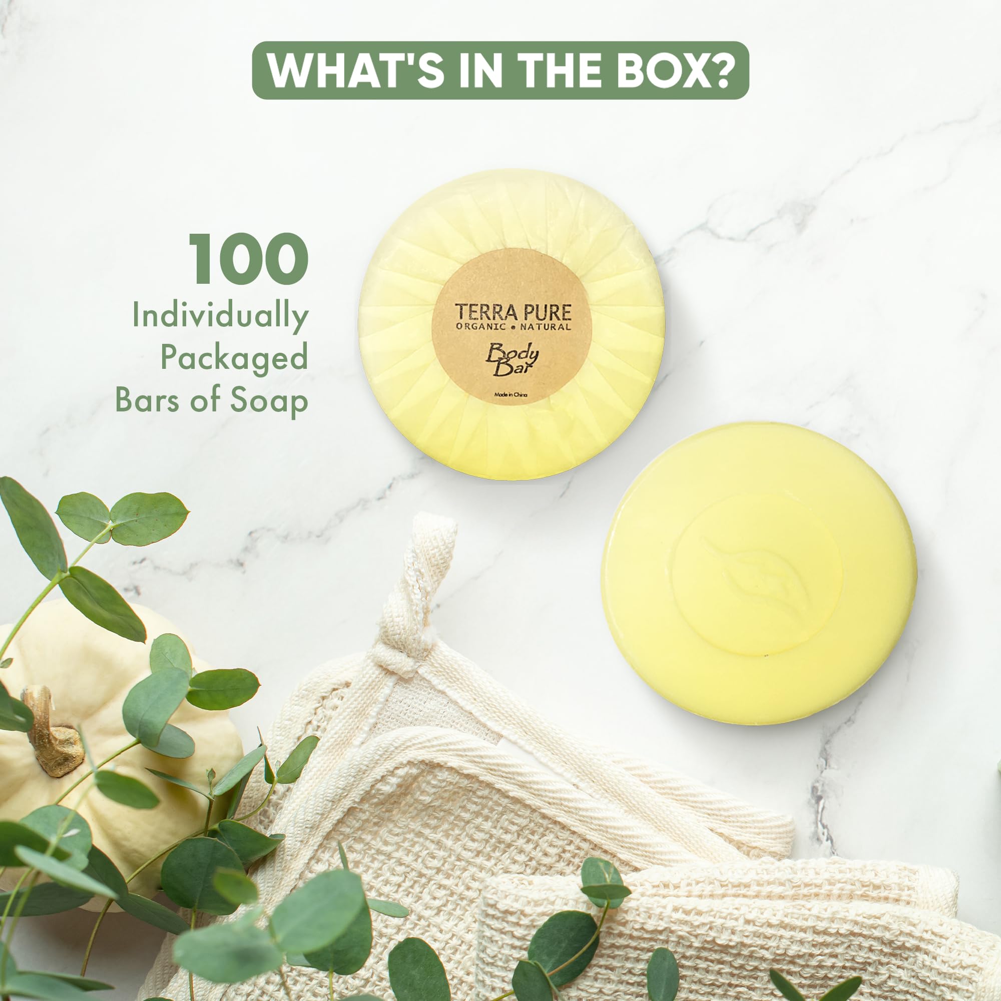 Terra Pure Bar Soap Travel Size - 1.25 oz (Pack of 100) - Natural Hotel Amenities for Guests & Eco-Friendly Travel Toiletries - Perfect for Hotels, Airbnb, Gyms & Travel Kits
